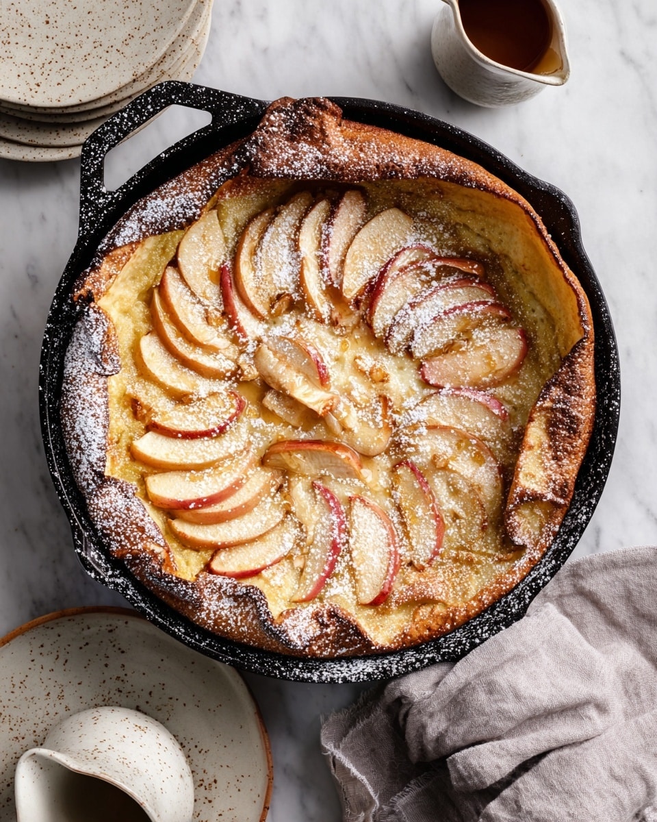 The image shows a baked Dutch baby pancake in a black cast iron skillet, with a puffed, golden-brown crust around the edges. Inside, the pancake is light beige with multiple fan-shaped slices of apple arranged in six groups, each group layered with thin apple slices showing red skin and creamy white flesh. The entire dish is dusted lightly with powdered sugar, adding a snowy white texture over the pancake and apples. The skillet is placed on a white marbled surface, with a light gray cloth to the right and a small white jug of syrup at the bottom left. There is a stack of white plates with speckled brown edges in the top left corner. Photo taken with an iphone --ar 4:5 --v 7