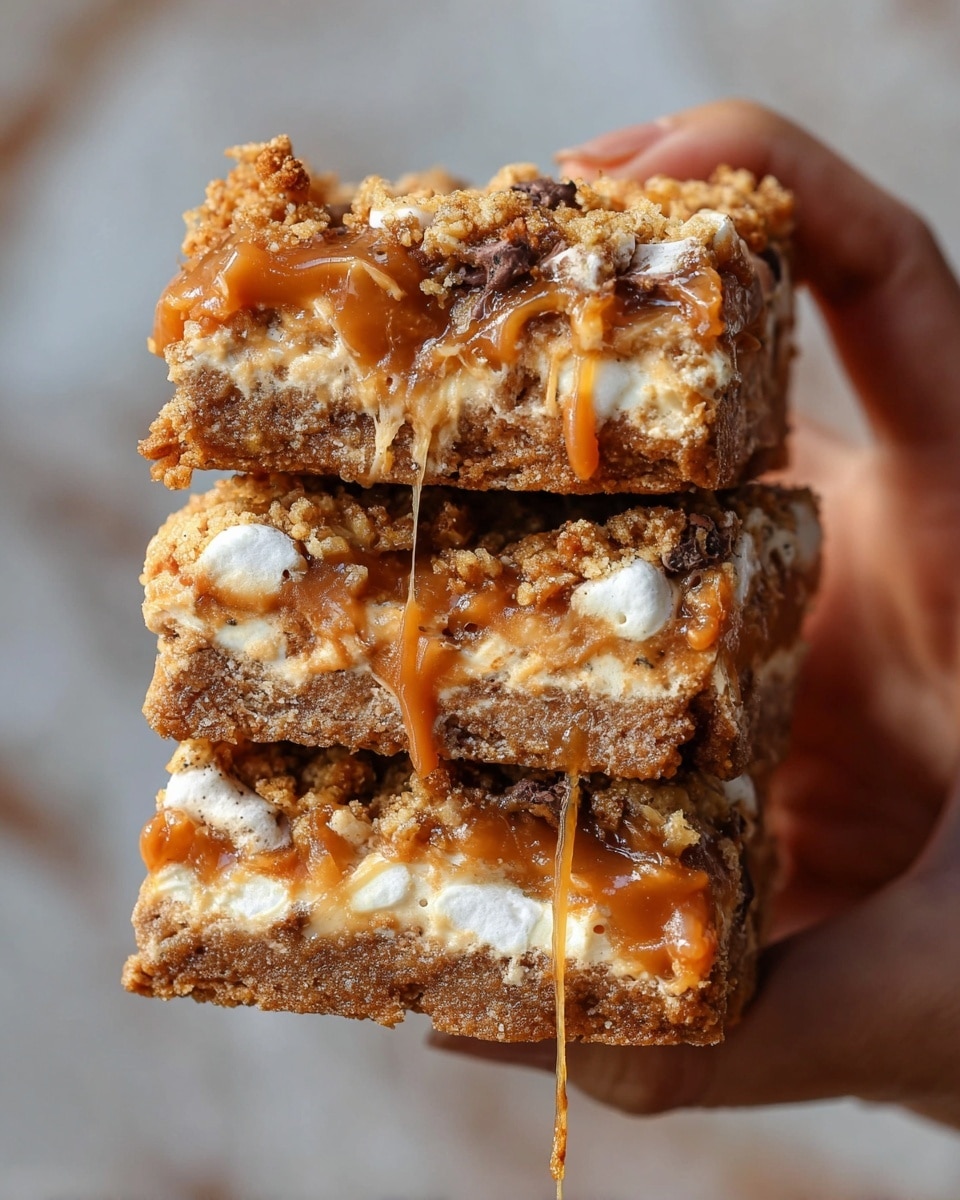 A stack of three thick, square dessert bars sits on a white plate. Each bar is made of multiple layers starting with a light brown cracker or cookie base, topped by a melted white marshmallow layer, followed by gooey caramel dripping down the sides, and broken pieces of chocolate candy with a dark, glossy top. The bars have a crumbly texture and a mix of soft marshmallow, sticky caramel, and crunchy chocolate. The plate rests on a white marbled surface. photo taken with an iphone --ar 4:5 --v 7