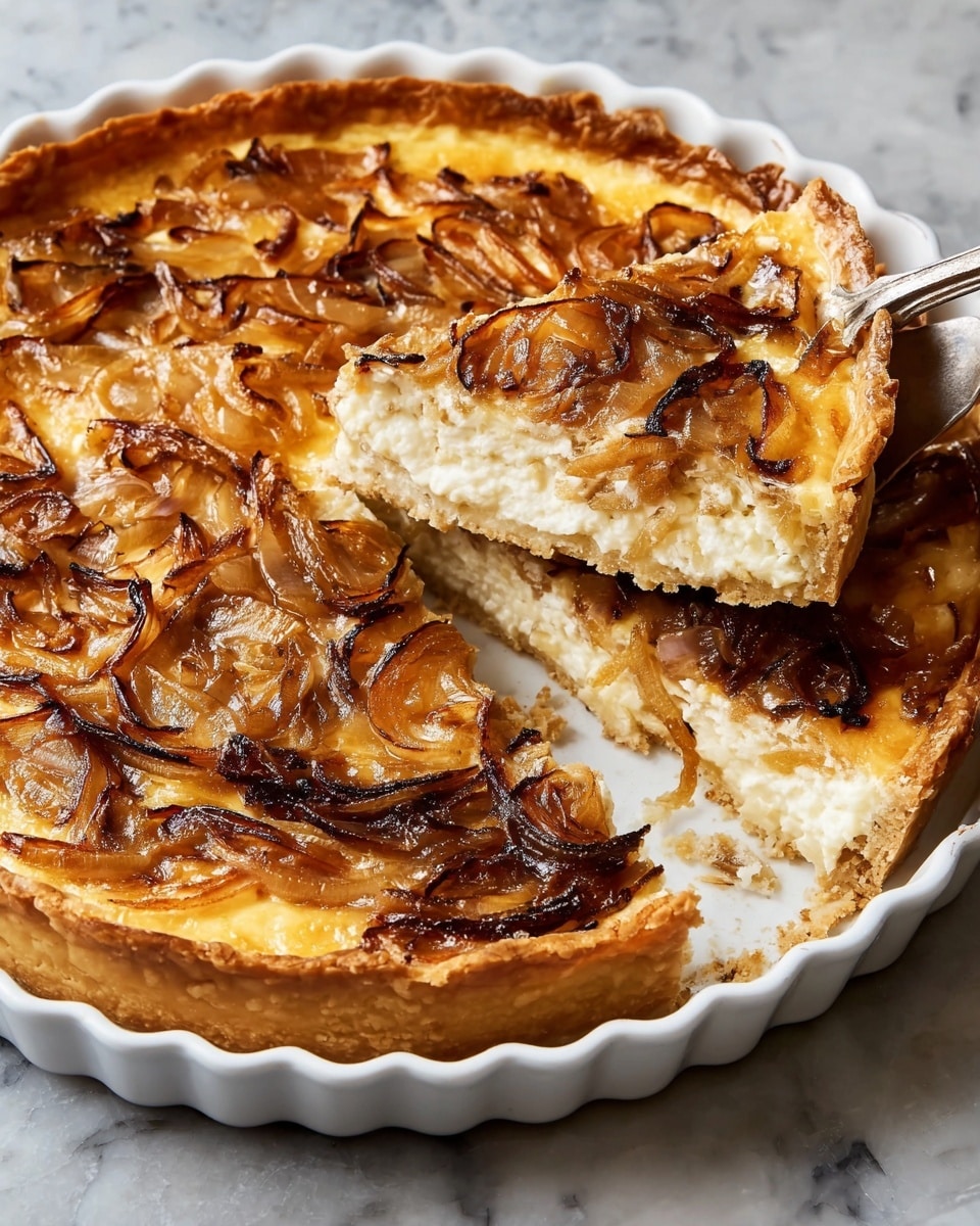 A round savory tart with a golden brown top layer of thin caramelized onion slices displaying a slightly crispy texture and dark edges, covering a thick creamy white cheese layer beneath. The cheese layer looks soft, smooth, and rich, contrasting with the crunchy onions. At the bottom, there is a light golden flaky crust holding everything together. A slice is cut out, showing the clear separation of the three layers inside the white fluted tart pan, placed on a white marbled surface. A fork rests under the removed slice, slightly lifting it. Photo taken with an iphone --ar 4:5 --v 7