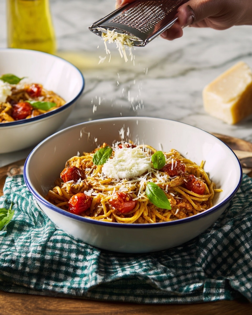 A white speckled plate holds a serving of linguine pasta coated with a light red tomato sauce, mixed with bright roasted cherry tomatoes scattered around. There are small dollops of white ricotta cheese placed on nearby pasta strands, and the dish is topped with finely chopped fresh green parsley and a sprinkle of light golden breadcrumbs. A fork and spoon sit in the dish, with the fork twirling some pasta in the lower right area, held by a woman's hand. The background is a white marbled texture with a small bowl of red pepper flakes in soft focus. photo taken with an iphone --ar 4:5 --v 7