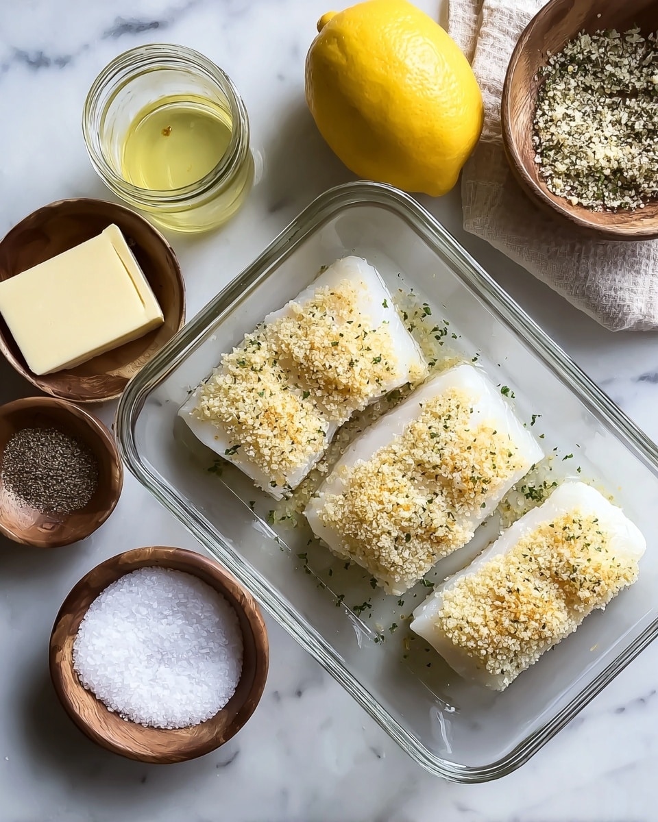 The image shows four square pieces of white fish with a golden, crispy breadcrumb crust on top, seasoned with herbs and spices that give a speckled brown and orange texture. Each piece is drizzled with fresh green chopped parsley, adding bright contrast. The fish sits on a white rectangular plate resting on a white marbled surface. The breadcrumb layer on the top is thick and crunchy looking, while the fish underneath is smooth and moist, visible at the edges. Small scattered parsley leaves surround the fish pieces on the plate. Photo taken with an iphone --ar 4:5 --v 7