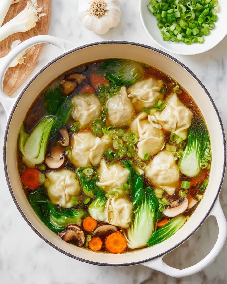 A white bowl filled with clear broth soup containing five visible layers of ingredients: at the top, bright green peas and fresh chopped green herbs float; below them, beige folded dumplings with smooth, soft texture rest throughout; around the dumplings, orange carrot slices and yellow corn kernels add color; there are also translucent cooked onion pieces and small green leafy vegetables mixing into the broth; the soup is set on a white marbled surface with a blurred green plate in the background. Photo taken with an iphone --ar 4:5 --v 7