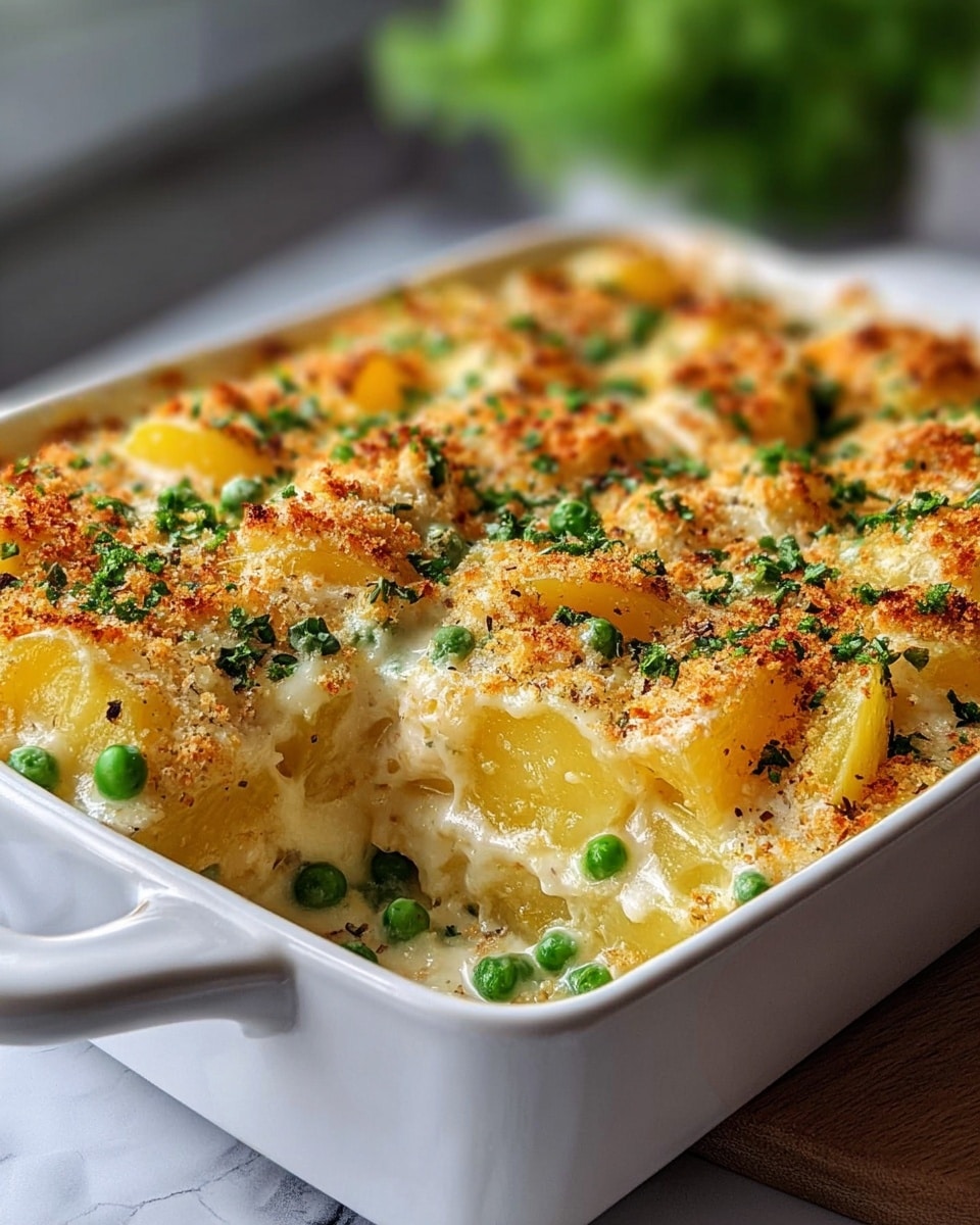 The image shows a rectangular white baking dish filled with a baked casserole. The dish has a golden brown crispy top layer with melted cheese and small browned spots. Underneath, there are visible chunks of creamy white sauce-covered potatoes. Bright green peas are sprinkled evenly on top across the surface. Fresh chopped herbs are also scattered, adding green flecks throughout the dish. The baking dish is placed on a light wooden board with a blurred green plant in the background. The surface beneath the board is a white marbled texture. photo taken with an iphone --ar 4:5 --v 7