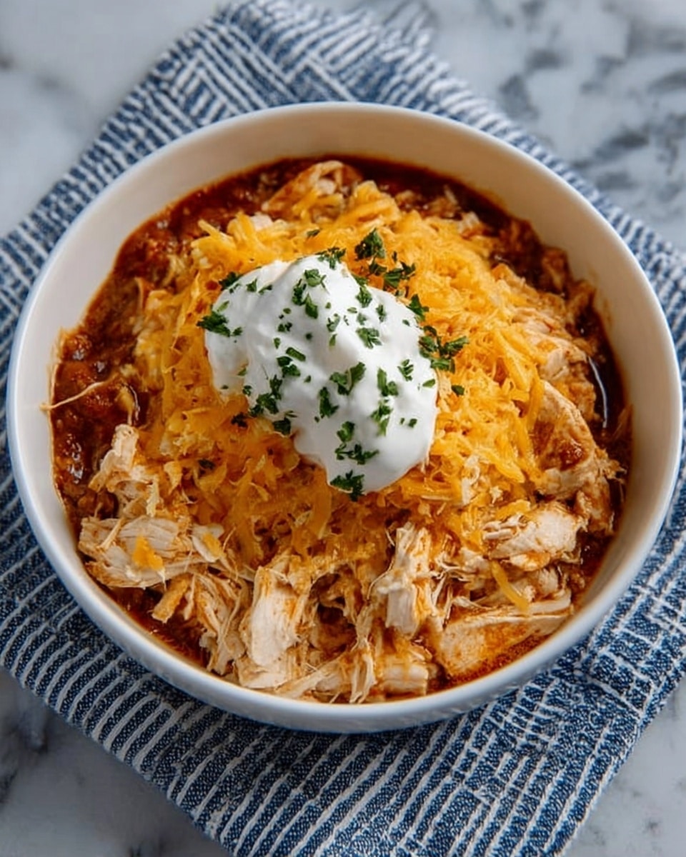 A white bowl is filled with layers starting from a base of white rice, topped with yellow corn kernels and shredded cooked chicken. Over the chicken, there is a dollop of creamy white sour cream, drizzled with orange-colored sauce. The dish is sprinkled with chopped green herbs on top. The bowl is placed on a white marbled surface with a soft background blur. Photo taken with an iphone --ar 4:5 --v 7
