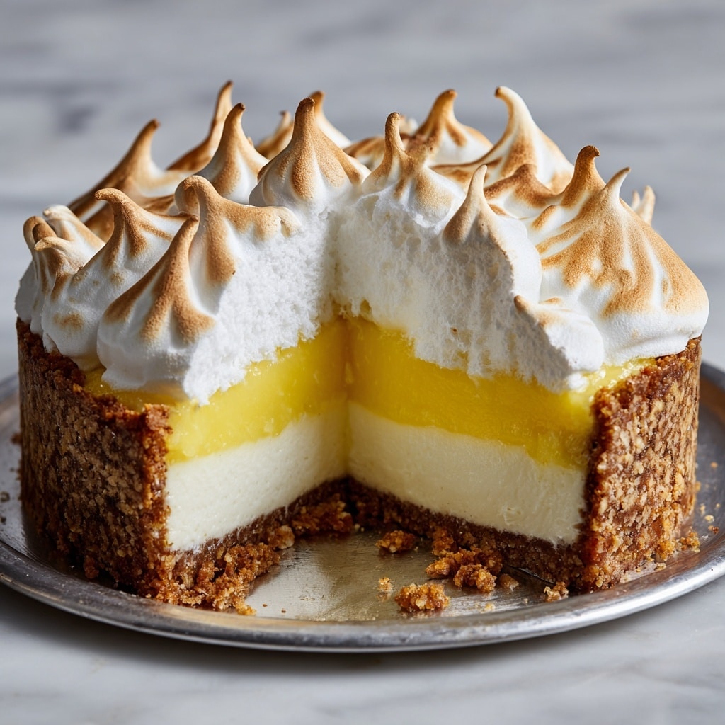 A round three-layer lemon meringue pie is shown with a thick, crumbly brown crust as the bottom layer, a smooth, creamy white middle layer, and a shiny, pale yellow lemon curd layer on top. Large peaks of white meringue with toasted golden-brown tips decoratively cover the top edge of the pie, creating a textured and cloud-like appearance. A few small bites have been taken from the pie, revealing the creamy middle and crumbly base inside. The pie sits on a silver tray placed on a white marbled surface. Photo taken with an iphone --ar 4:5 --v 7