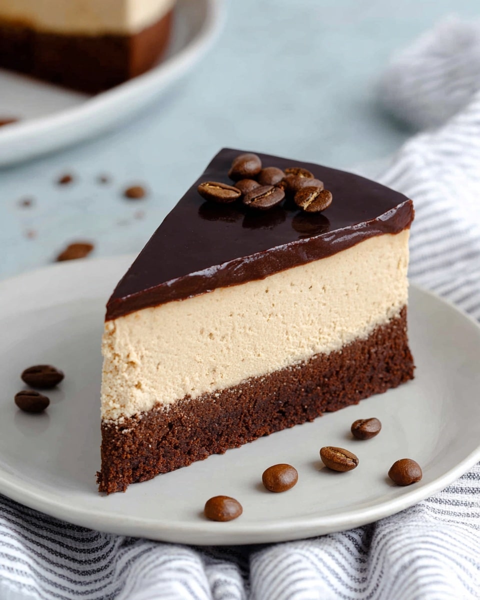 A slice of three-layer cake sits on a white plate with a smooth surface. The bottom layer is dark brown and dense, resembling a rich brownie base. The middle layer is thick, light tan, and creamy with a soft texture like mousse or cheesecake. The top layer is thin and glossy, dark chocolate in color, with smooth edges and a few coffee beans placed evenly on top. Several coffee beans are scattered around the slice on the plate. The plate rests on a white marbled texture with a striped cloth nearby, adding a soft contrast. Photo taken with an iphone --ar 4:5 --v 7