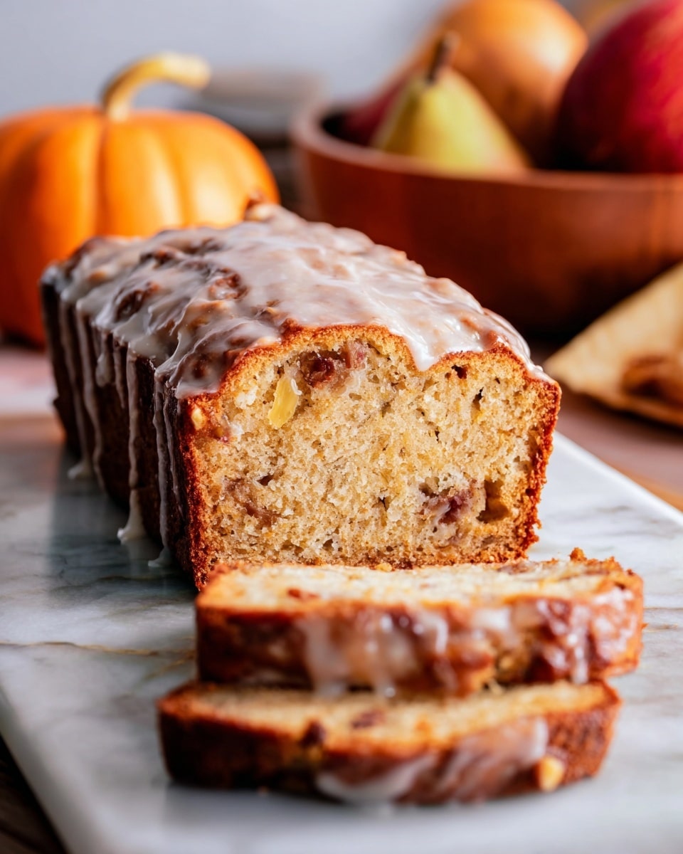 A rectangular cake with scalloped edges sits on a wooden cutting board on a white marbled surface. The cake has a rich, dark brown crumb and is topped with a chunky, glossy glaze that looks sticky and slightly translucent, covering the entire top layer unevenly. The texture of the glaze is rough with clumps that suggest nuts or chunky ingredients mixed within. Around the cake, there are autumn-themed props including a red apple in a wooden bowl, a small orange pumpkin, and a mocca-colored ceramic jug. Photo taken with an iphone --ar 4:5 --v 7