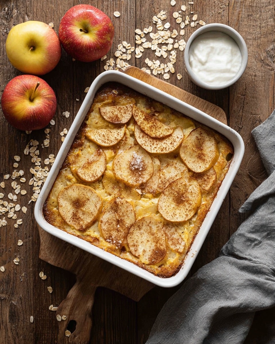 A white square dish holds a baked apple casserole with roughly two visible layers: the bottom layer is soft and golden with a slightly crusty texture, while the top layer is covered with thin apple slices that are lightly browned around the edges and sprinkled with baked cinnamon or brown sugar, creating a warm, caramelized look. The dish rests on a rustic wooden table scattered with oat flakes and two whole red and yellow apples to the top left. To the top right, there is a small white bowl filled with a white creamy substance. A grey cloth napkin is placed to the bottom right corner of the scene. Photo taken with an iphone --ar 4:5 --v 7