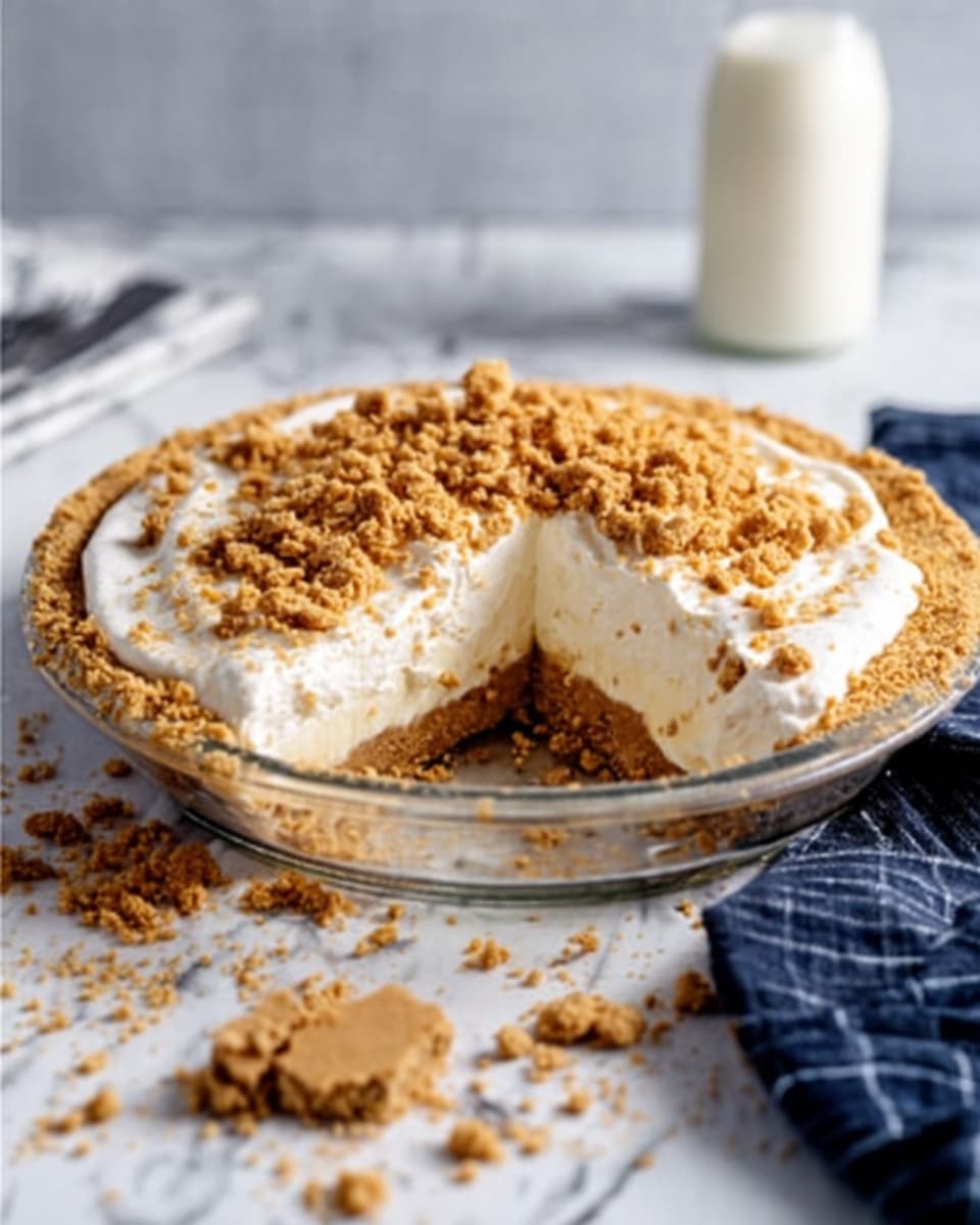 The image shows a round pie with a golden brown crust. On top, there is a thick layer of white whipped cream spread evenly, with a crumbly light brown granola topping being sprinkled over it by a woman's hand. The pie sits on a white marbled surface, and the photo is taken from above, showing the texture of the crust, cream, and granola clearly. photo taken with an iphone --ar 4:5 --v 7