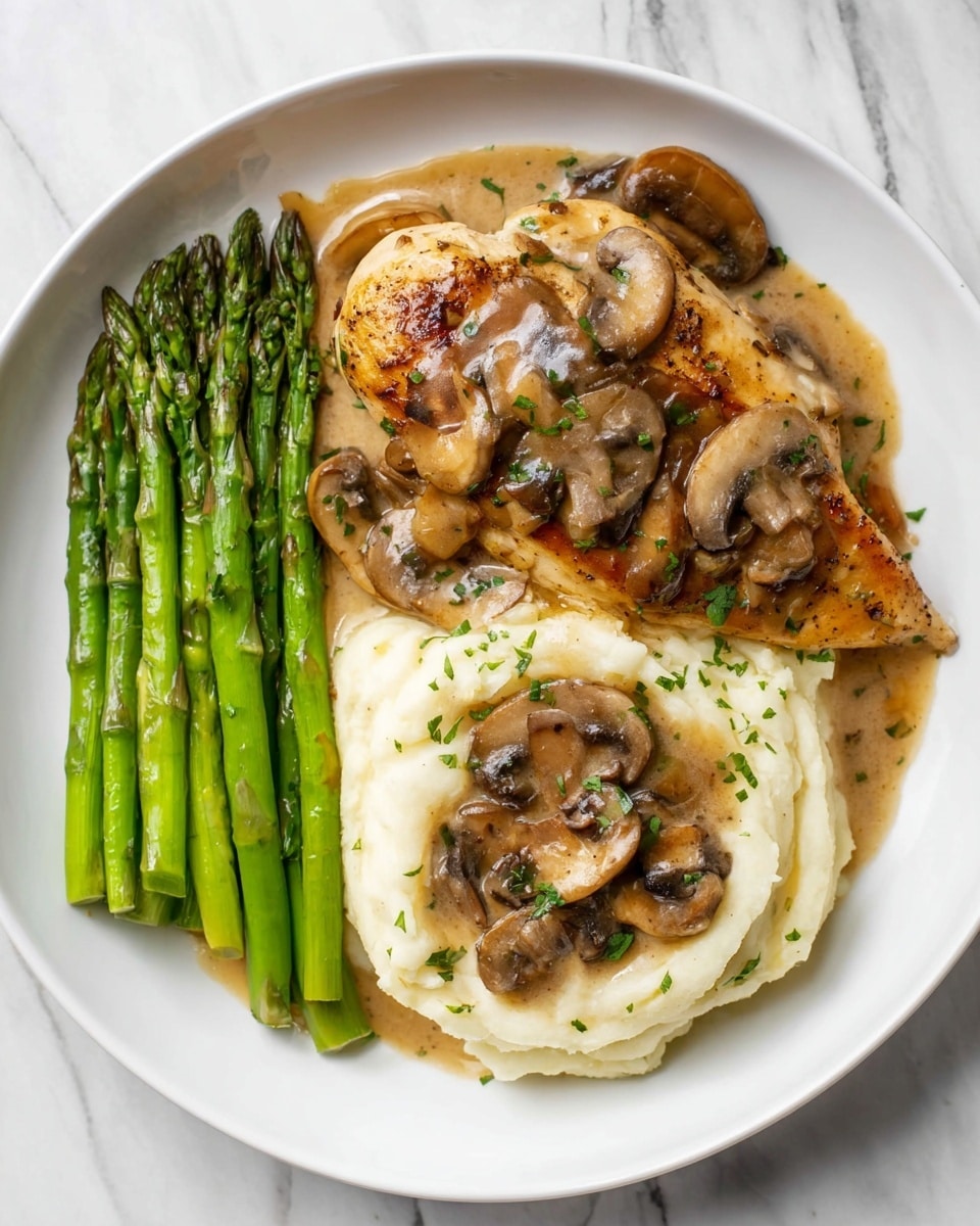 A white bowl holds a dish with one piece of golden-brown, crispy chicken breast at the center, covered with a creamy beige sauce filled with sliced mushrooms scattered on top and around the chicken. The sauce has a smooth, slightly thick texture, speckled with black pepper and finely chopped green herbs scattered across the surface. The chicken appears juicy with a textured skin, and the mushrooms are soft with a slightly shiny coating from the sauce. The dish rests on a white marbled surface. photo taken with an iphone --ar 4:5 --v 7