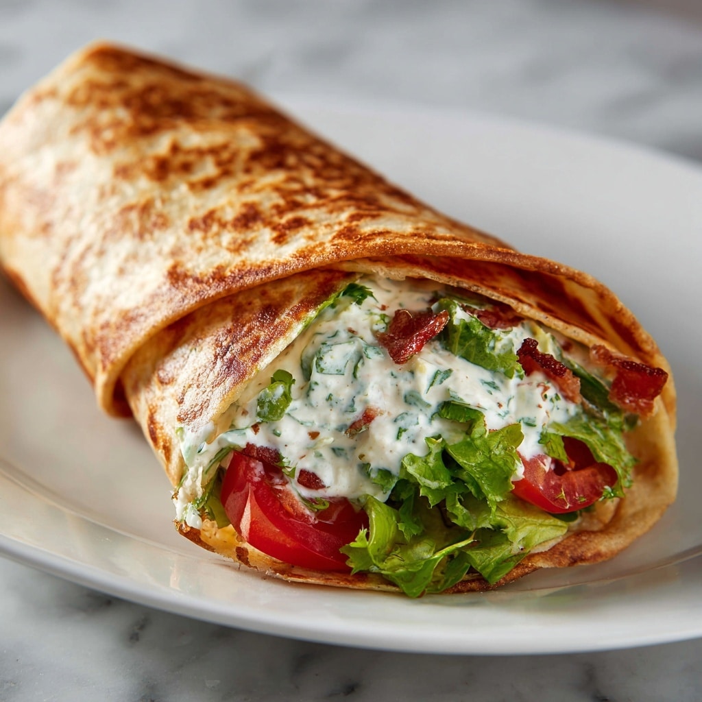 A toasted wrap with a golden-brown, slightly crispy outer layer filled with multiple layers inside: a thick spread of creamy white sauce with green bits on the top, followed by crispy reddish-brown bacon strips layered over each other, then fresh green lettuce leaves slightly folded, and red tomato slices near the bottom, all tightly wrapped in a soft, light brown flatbread. The wrap is placed on a white plate on a white marbled surface, shown close-up and detailed. photo taken with an iphone --ar 4:5 --v 7