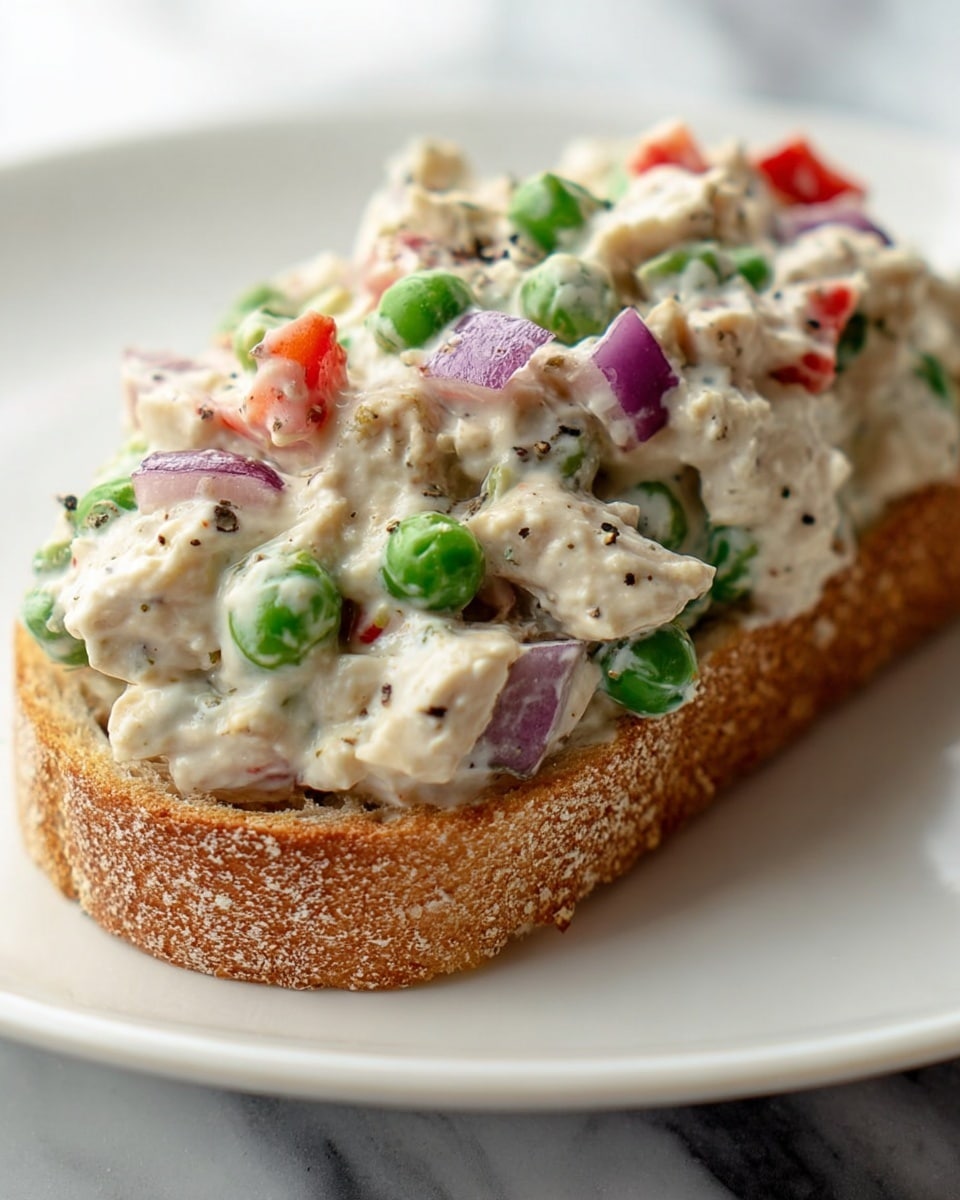 The image shows an open sandwich on a white plate placed on a white marbled surface. The sandwich consists of one slice of toasted brown bread as the base layer with a rough texture. The top layer is a mixed salad spread made of chunky pieces of light beige chicken, bright green peas, small diced red bell peppers, and bits of purple red onion, all mixed in a creamy dressing. In the background, there is a transparent glass bowl with more salad and a small white bowl containing ground black pepper. Pieces of sliced brown bread are also visible at the top right corner. A striped cloth napkin rests on the bottom left corner. Photo taken with an iphone --ar 4:5 --v 7