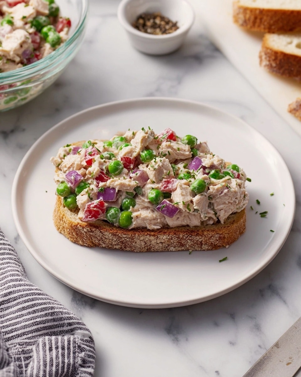 A close-up view of an open sandwich on a slice of crispy brown bread with a rough texture. The top layer is a creamy white chicken salad mixed with bright green peas, small pieces of red bell pepper, and chopped purple onion. The chicken salad has a thick, slightly chunky texture with visible black pepper specks scattered throughout. The sandwich is placed on a white plate, set on a white marbled surface. Photo taken with an iphone --ar 4:5 --v 7