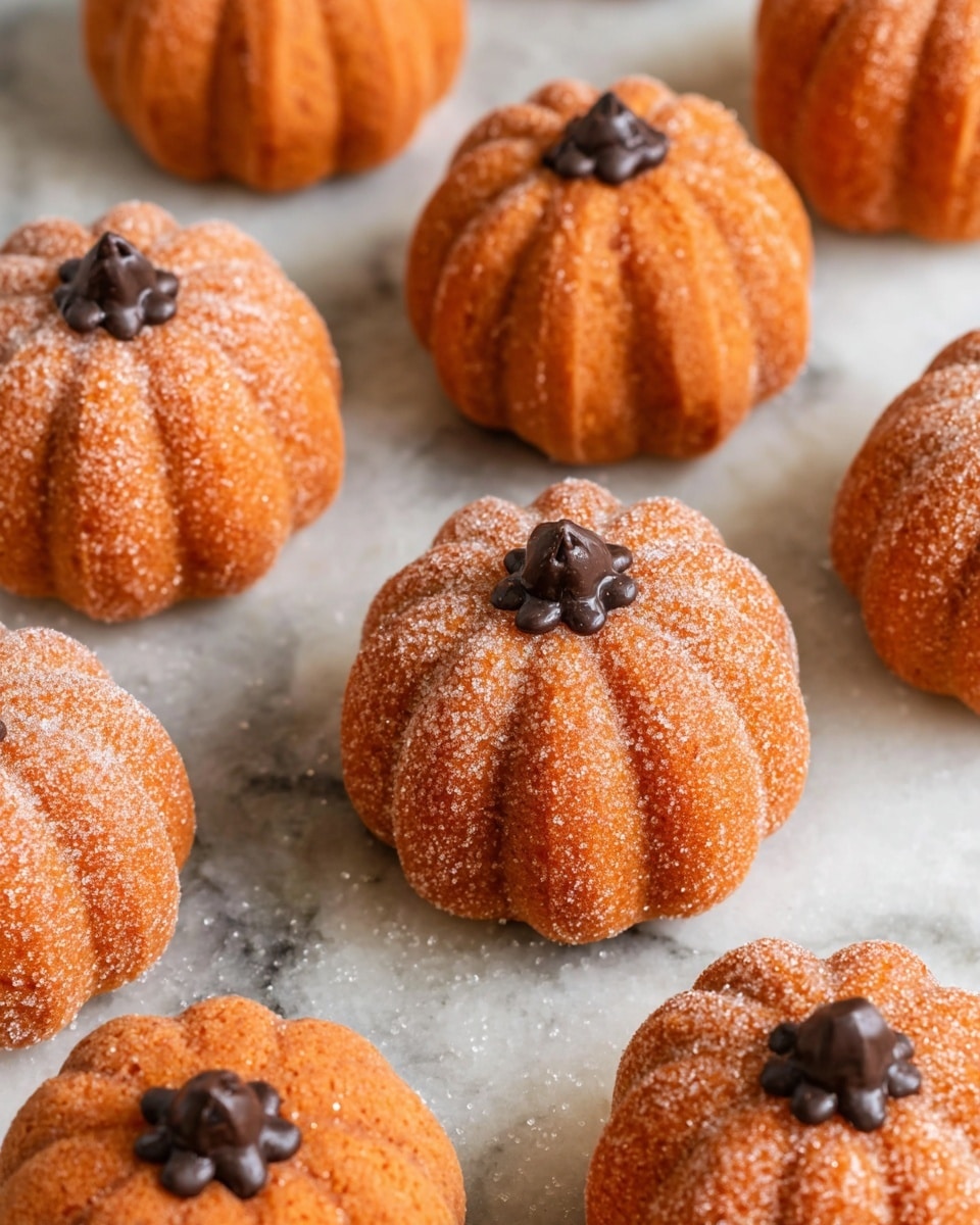 The image shows several small pumpkin-shaped treats arranged on a white marbled surface. Each treat has a round shape with vertical ridges creating a pumpkin-like texture and is bright orange in color. Some of the treats are coated with a light layer of granulated sugar that adds a frosted look, while others have a smooth finish. Each pumpkin treat has a small, dark chocolate chip placed at the center on top, resembling the pumpkin stem. The overall look is fresh and inviting, with the treats spaced evenly across the surface. Photo taken with an iphone --ar 4:5 --v 7