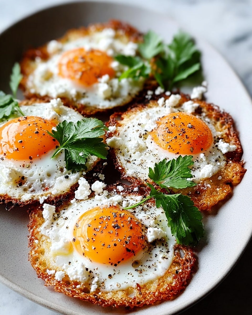 The dish shows four small sunny-side-up eggs each placed on a crispy golden-brown base that looks crunchy and thin, arranged closely together in a white plate. Each egg has a bright orange yolk in the center with smooth white edges, topped with small white crumbles and sprinkled with black pepper. Fresh green parsley leaves are placed on top of and around the eggs, adding a pop of color. The plate sits on a white marbled surface that complements the colors of the dish. photo taken with an iphone --ar 4:5 --v 7