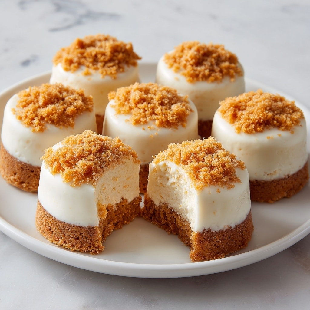 The image shows round dessert balls placed on a white plate over a white marbled surface. Each ball has three layers: the bottom layer is a dark brown crumbly crust, the middle layer is a light brown creamy filling, and the top layer is a smooth white coating covered with a golden brown crumbly topping. Two of the balls are cut open, revealing the creamy center. Crumbs are scattered on the plate around the desserts. The whole scene is softly lit, highlighting the textures and colors clearly. Photo taken with an iphone --ar 4:5 --v 7