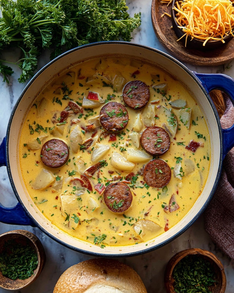 A large blue pot filled with a creamy yellow soup that has a smooth texture with specks of green herbs. Floating in the soup are thick slices of browned sausage layered mostly in the center, along with scattered large chunks of pale potato with their skin edges showing. The soup also contains small pieces of onions and red bell peppers, adding specks of white and red colors. The pot sits on a white marbled surface surrounded by bunches of fresh parsley, a wooden bowl of shredded orange cheese, a round bread roll on a wooden plate, and a small wooden bowl of chopped green herbs nearby, all under soft natural light. Photo taken with an iphone --ar 4:5 --v 7