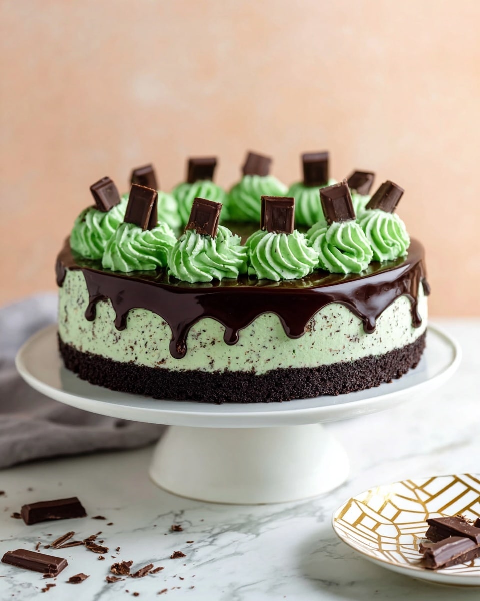 The image shows a slice of three-layered cake on a white plate with gold geometric lines, placed on a white marbled surface. The bottom layer is dark brown and looks like a chocolate crust with a crumbly texture. The middle layer is thick and bright mint green with a smooth, creamy texture. The top layer is a shiny dark chocolate glaze that drips slightly down the sides. On top of the cake slice is a swirl of light green whipped cream with a small square of dark chocolate stuck into it. In the background, there is a blurred view of a white cake stand holding the rest of the cake and a glass milk bottle with a pink straw. photo taken with an iphone --ar 4:5 --v 7