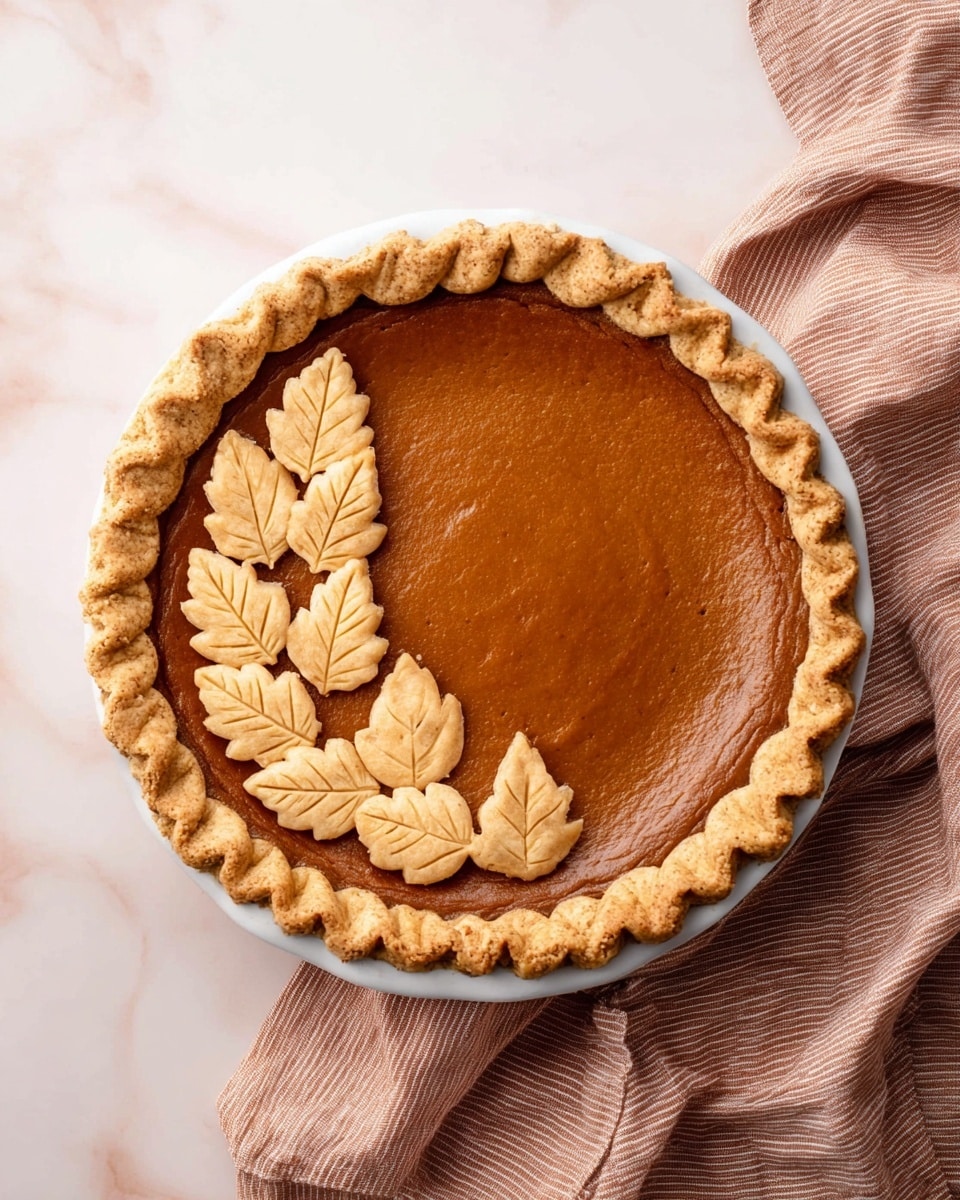 A pumpkin pie with a shiny, smooth, deep orange filling sits in a white pie plate. It has a thick golden-brown crust with a wavy, crimped edge that surrounds the pie. On top of the filling, there are ten small, light golden leaf-shaped crust decorations arranged in a semicircle on the right side. The background shows a white marbled surface, and a soft, brownish-pink striped cloth is placed to the right of the pie. photo taken with an iphone --ar 4:5 --v 7