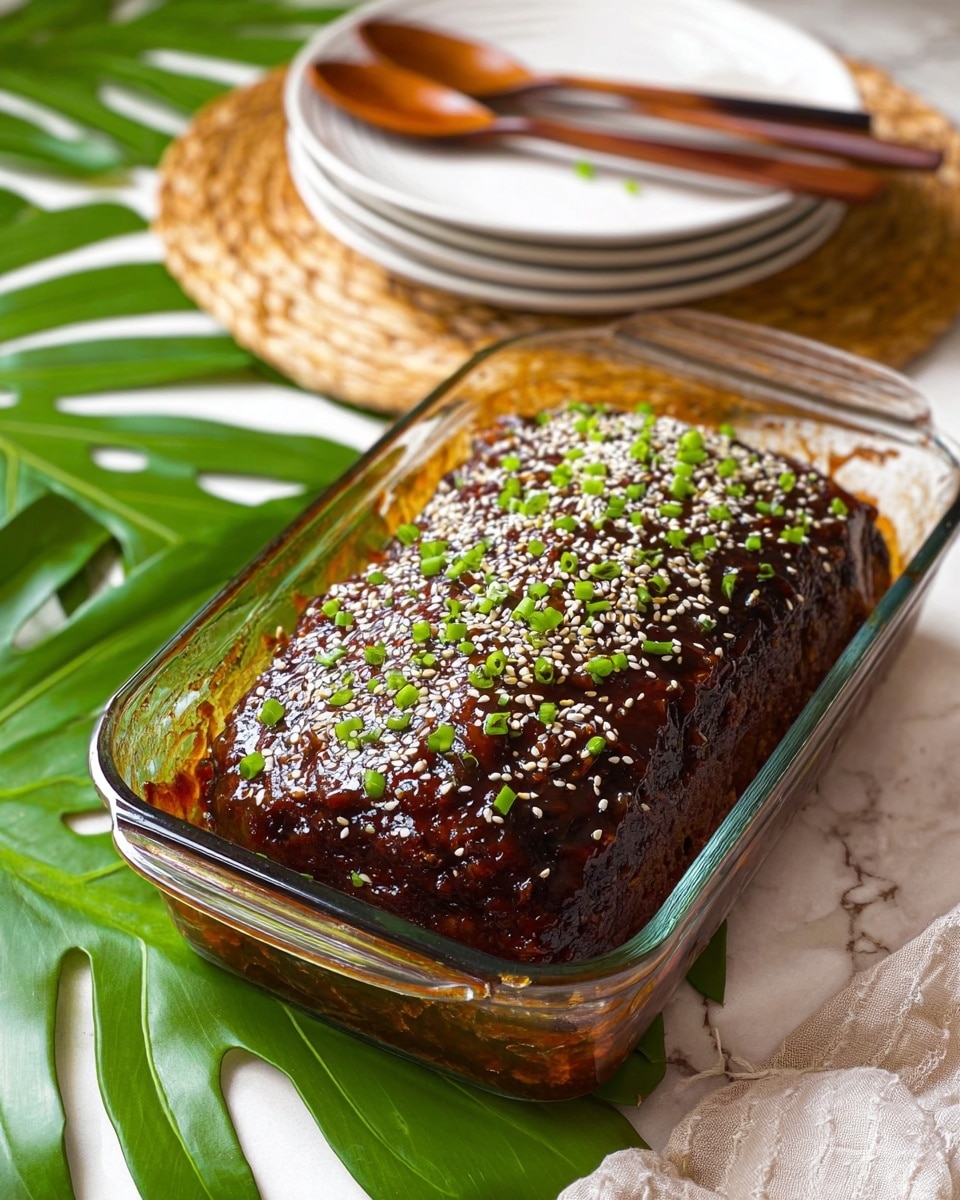 The image shows a close-up of a loaf sliced into six thick pieces placed in a silver foil tray. Each slice has a dark brown, shiny glaze on top with visible sesame seeds and small green onion pieces scattered evenly across the surface. The meat inside appears moist and textured with a deep brown color, showing the cooked, slightly crumbly texture of the loaf. The silver foil tray reflects light subtly against a white marbled background. photo taken with an iphone --ar 4:5 --v 7