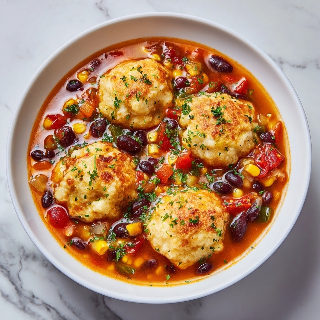 The image shows a white bowl filled with a colorful soup. The base layer is a rich orange broth mixed with pieces of corn, red tomato chunks, and small black beans scattered throughout. On top, there are five round, golden brown dumplings or meatballs partially submerged in the soup. Fresh green herbs, likely cilantro, are sprinkled over everything, adding a fresh contrast to the warm tones of the dish. The white marbled background brightens the scene. Photo taken with an iphone --ar 4:5 --v 7