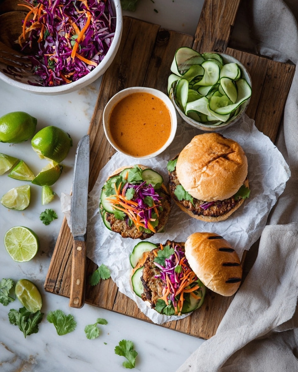 Two fish sandwiches sit on a round wooden board on a white marbled surface. Each sandwich has a shiny, golden-brown top bun with a leafy green cilantro piece on top. Below the bun are thin cucumber slices layered over a mix of shredded purple cabbage and orange carrots, all topped with a light orange creamy sauce. Beneath the veggies is a thick, grilled fish fillet with herbs, resting on a soft white bottom bun. Crispy sweet potato fries with some green cilantro leaves are scattered around the board and in a grey bowl behind the sandwiches. photo taken with an iphone --ar 4:5 --v 7