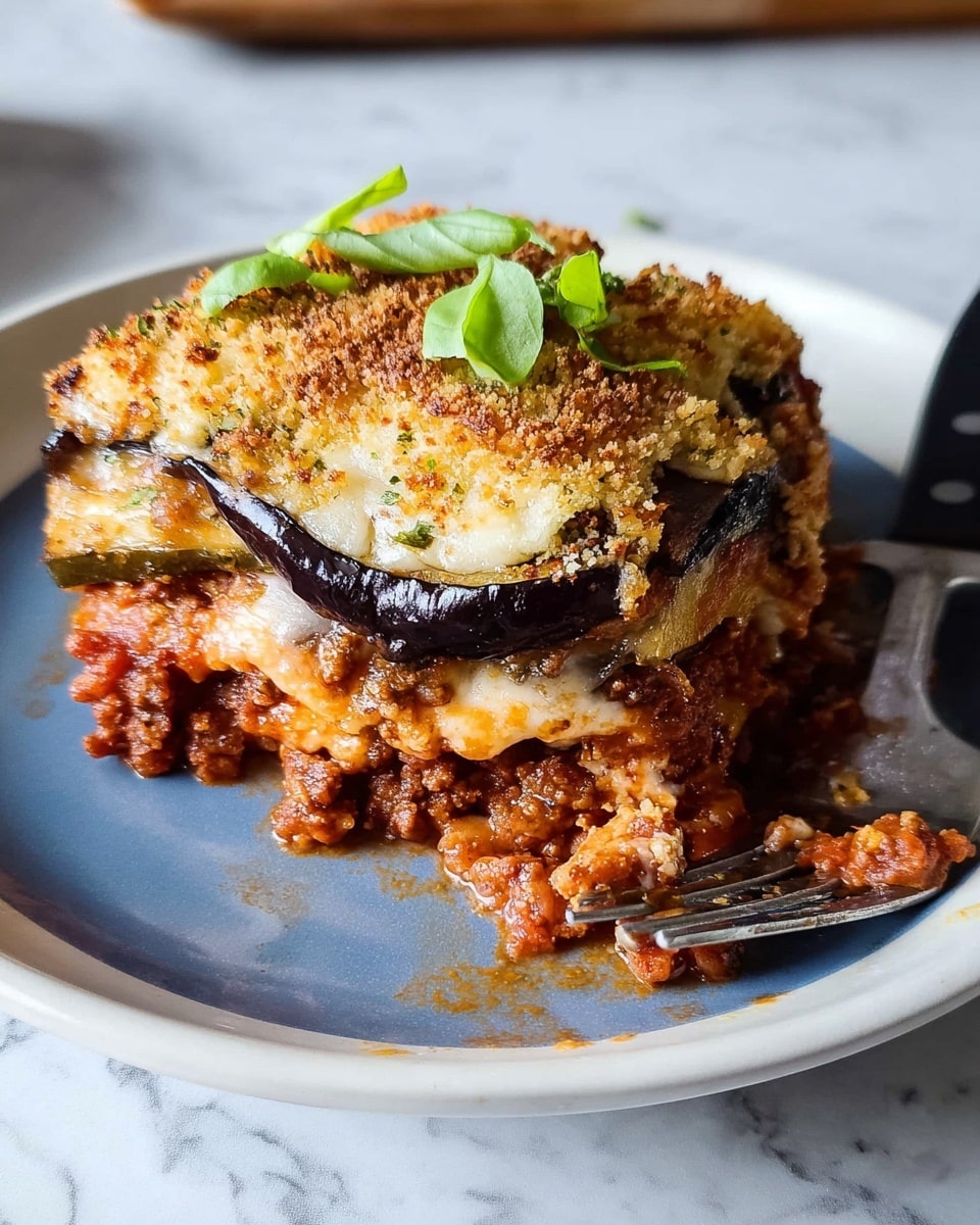 A thick slice of eggplant lasagna sits on a white plate with a blue center, showing about four visible layers. The bottom layer is a rich, chunky red tomato sauce mixed with browned meat and melted cheese, slightly spilling out. Above that is a layer of dark purple eggplant slices, followed by more tomato sauce and melted cheese. The top layer is a golden-brown baked cheese crust with crispy breadcrumbs, garnished with a few fresh green basil leaves. A silver fork with a black handle rests on the right side of the plate. The setting has a white marbled texture underneath. photo taken with an iphone --ar 4:5 --v 7