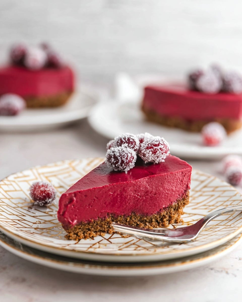 The image shows a bright red dessert slice on a white plate with a gold geometric pattern, placed on another plain white plate. The dessert has two layers: a thick, smooth, deep red filling on top and a crumbly, brown crust at the bottom. On top of the red filling, there are three sugared cranberries coated in white sugar crystals, placed close to the pointed edge of the slice. More sugared cranberries are scattered on the plate beside the dessert. A fork rests beside the slice on the plate. The background is softly blurred with two more similar dessert slices visible on white plates, all resting on a white marbled surface. photo taken with an iphone --ar 4:5 --v 7