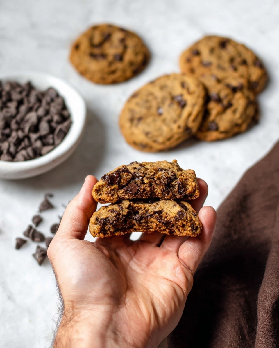 A close-up image showing a man's hand holding a split chocolate chip cookie, revealing its soft, dense, golden-brown inside filled with dark chocolate chips. In the background, four whole cookies with a slightly textured surface and visible chocolate chips are scattered on a white marbled texture. To the left, there is a white bowl partially visible, filled with dark chocolate chips, next to a dark brown cloth. photo taken with an iphone --ar 4:5 --v 7