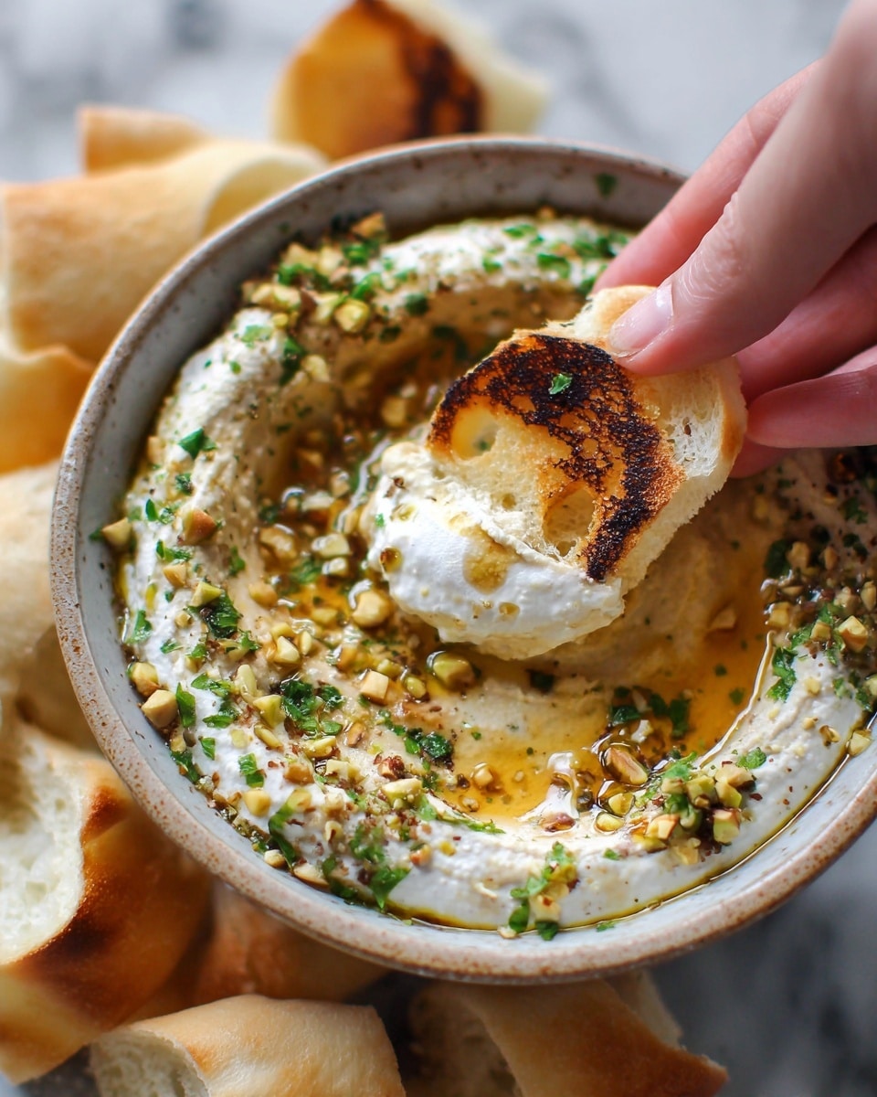 A close-up of a dip in a round bowl with three visible layers: a thick white creamy layer on the outside sprinkled with chopped green herbs and crushed nuts, a golden brown smooth sauce in the middle, and a soft white bread piece dipped partially in the sauce, held by a woman's hand with toasted edges showing. Around the bowl, folded pieces of soft white bread are arranged. The bowl rests on a white marbled texture surface. photo taken with an iphone --ar 4:5 --v 7