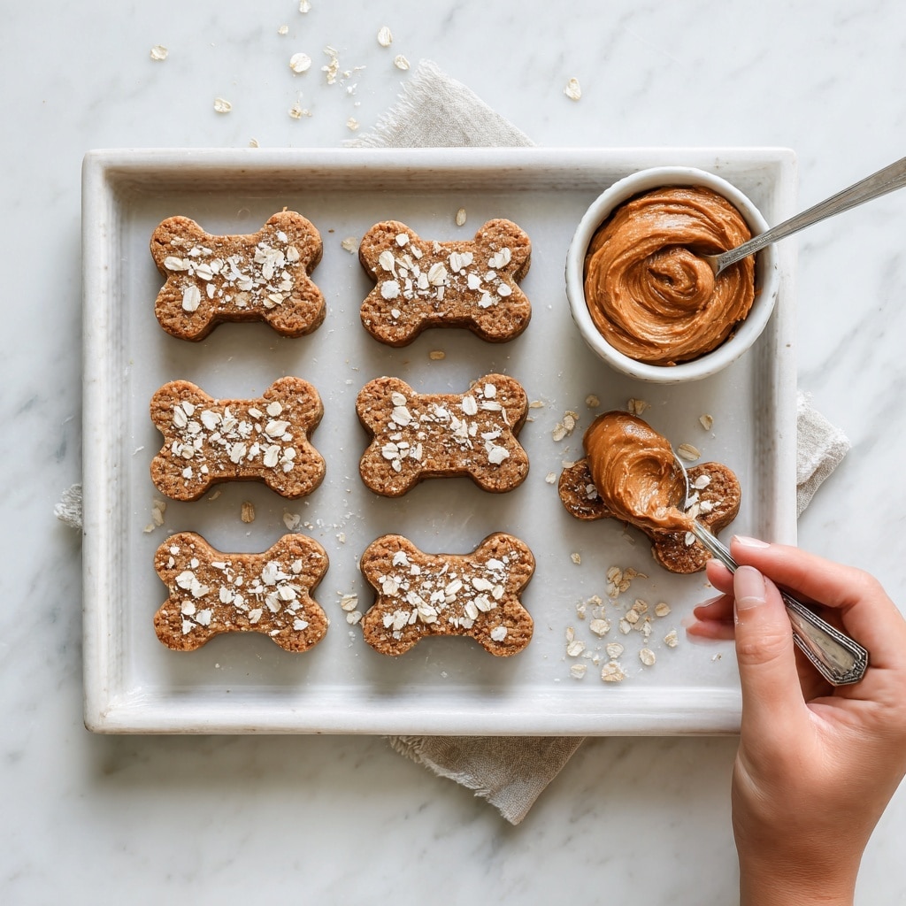 The image shows six bone-shaped dog treats arranged neatly on a white tray with a white marbled surface underneath. The dog treats are golden brown with a crumbly texture and topped with small white oat flakes scattered around and on top. To the right side of the tray, there is a small white bowl filled with a reddish-brown spread, with a metal spoon resting inside it. A woman's hand holding another spoon is visible above the tray, scooping the spread onto one of the treats. The overall setting is clean and bright with soft natural light. Photo taken with an iphone --ar 4:5 --v 7