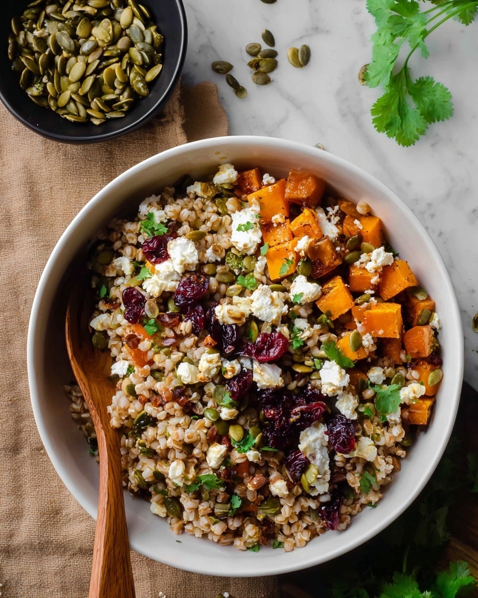 A clear glass bowl contains six distinct layers of ingredients arranged side by side, placed on a white marbled surface. From the bottom left moving clockwise, there are dark green pumpkin seeds with a smooth texture, bright green chopped herbs, small orange cubed cooked sweet potatoes, dark red dried cranberries with a slightly wrinkled texture, light tan cooked barley grains, and a mound of white crumbled cheese with a soft, grainy texture. Above the bowl, a clear glass measuring cup held by a woman's hand is pouring a shiny, dark brown dressing that flows slowly over the ingredients. The overall colors are bright and fresh with a mix of soft and crunchy textures. photo taken with an iphone --ar 4:5 --v 7