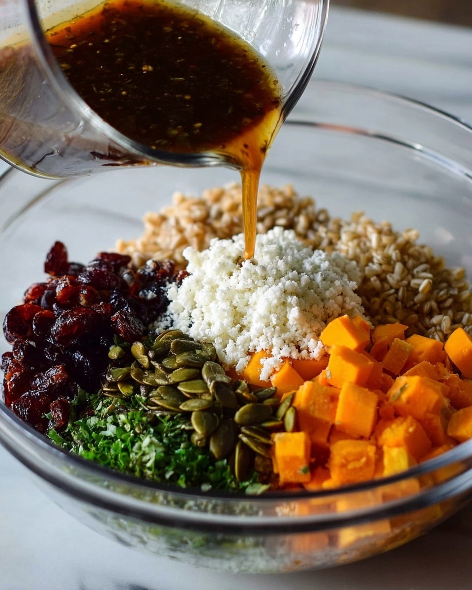 A white bowl filled with a mixed grain salad that has three main layers: the base layer is light brown grains, the second layer has small orange cubes of roasted vegetables, and the third layer includes green pumpkin seeds, deep red dried cranberries, and white cheese bits scattered on top. There are small green cilantro leaves added throughout the salad for color. A wooden spoon rests on the left side inside the bowl. In the background, there is a white marbled surface with a small black bowl filled with pumpkin seeds and some cilantro sprigs around. Photo taken with an iphone --ar 4:5 --v 7