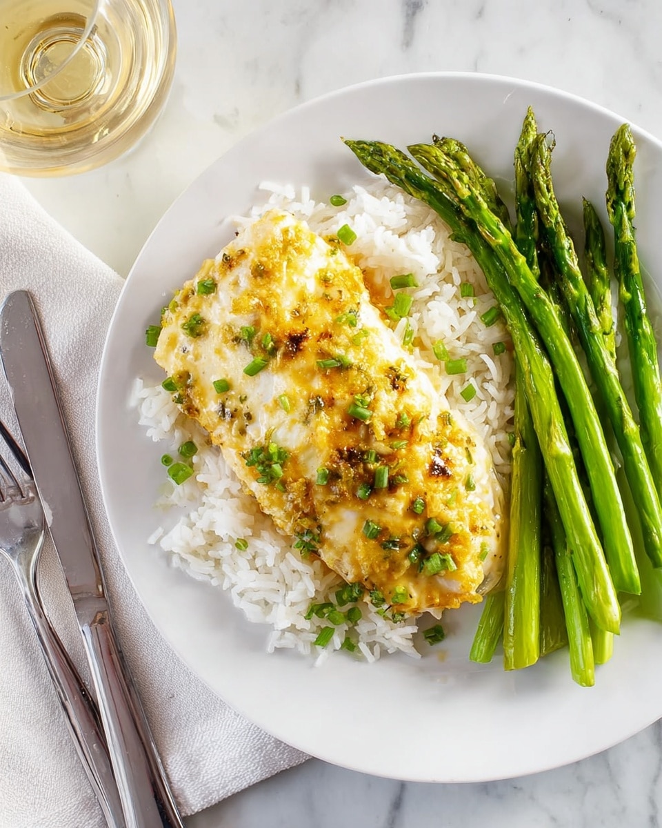 The image shows two thick pieces of white fish in a dark metal baking pan, covered with a creamy, cheesy sauce that has browned spots from baking. The top layer is golden and bubbly with chopped green herbs mixed in, giving a textured look with melted cheese and sauce pooling around the fish. The fish fillets are placed side by side, with the sauce seeping into the baking pan’s corners. The pan rests on a white marbled surface with a white cloth underneath. Photo taken with an iphone --ar 4:5 --v 7
