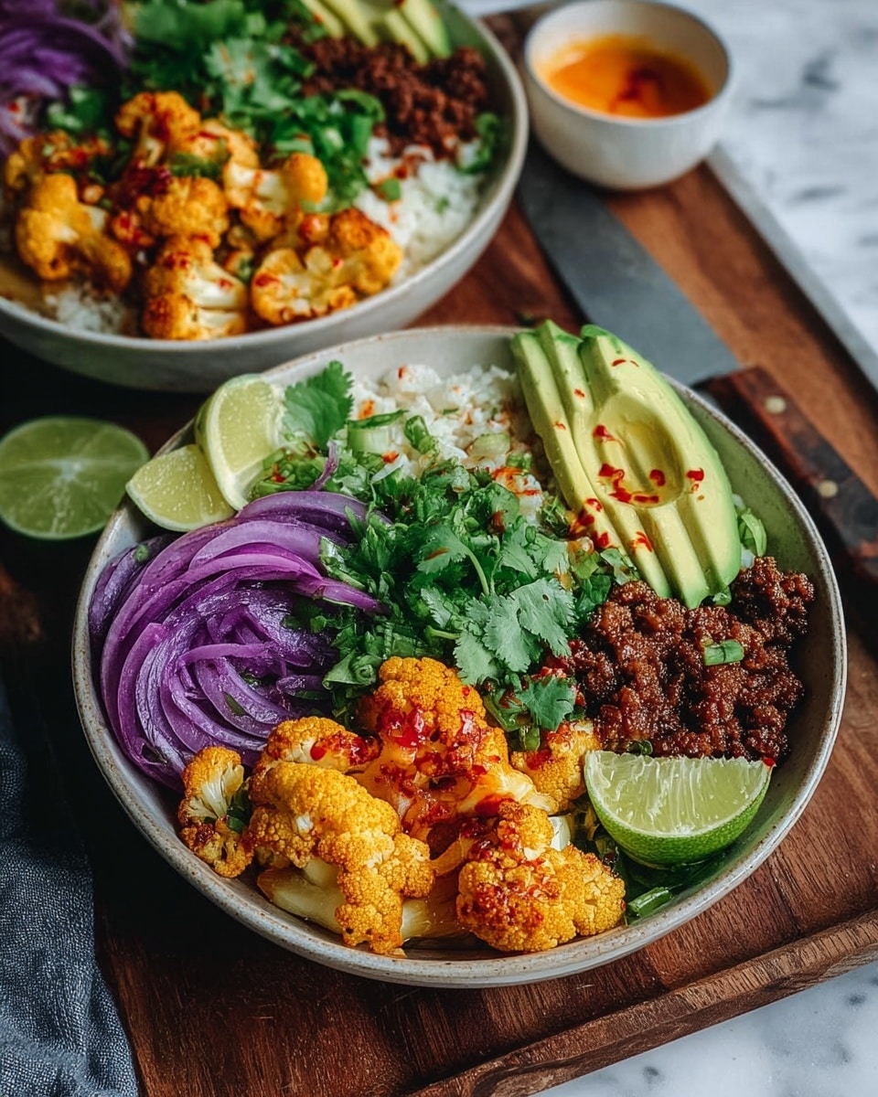 Two white bowls filled with vibrant food sit on a white marbled surface covering a dark wooden tray. In each bowl, the base layer is white cauliflower rice with slightly grainy texture. On top, there are several layers: roasted orange cauliflower florets take the center, looking tender and slightly crisped. To the left, sliced pale green avocado fans out neatly. At the back, bright purple pickled onions add a glossy, soft layer. On the right side, there is a dark brown, crumbly ground meat or meat substitute. Fresh green chopped scallions and leafy cilantro sprigs are scattered over the bowls for a fresh touch, and a wedge of lime sits near the avocado in the front bowl. A red chili oil drizzle glistens over the cauliflower and avocado, adding small bright red accents throughout the dishes. In the background, a small white bowl with an orange dipping sauce is visible, along with a knife lying on the marbled surface. Photo taken with an iphone --ar 4:5 --v 7