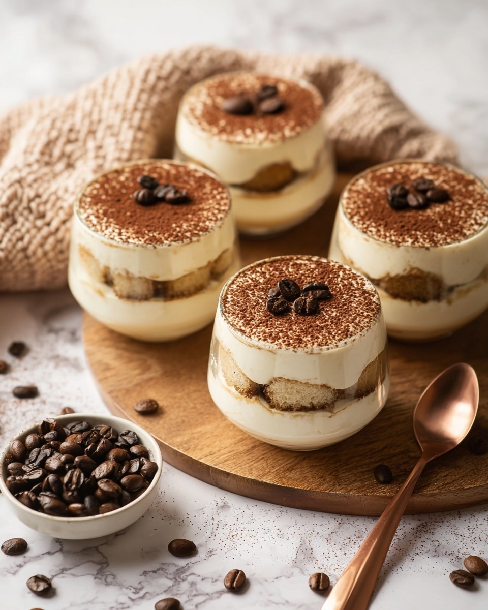 The image shows four glass cups of tiramisu placed on a round wooden board. Each glass has three visible layers: the bottom layer is a light brown soaked cake, the middle layer is thick white creamy mascarpone, and the top layer is finely dusted cocoa powder with a few coffee beans on top. The glasses are set on a white marbled surface with scattered coffee beans around. In the foreground, there is a small white bowl filled with dark roasted coffee beans and a copper spoon resting next to it. The background has a soft, beige knitted cloth adding warmth to the scene. Photo taken with an iphone --ar 4:5 --v 7