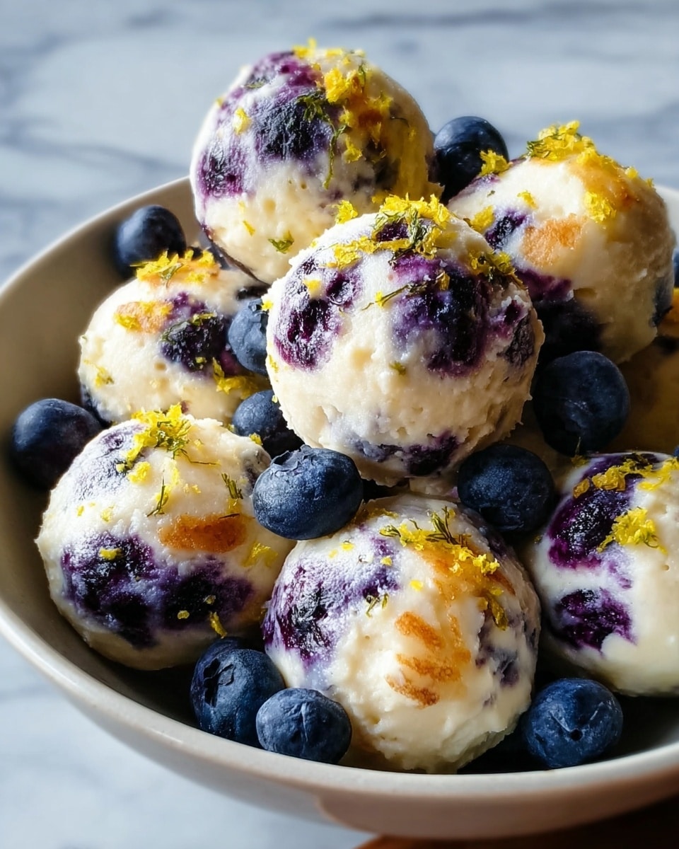 The image shows a bowl filled with about ten round balls of creamy white cheesecake mixed with dark purple blueberries, some appearing slightly caramelized on top with a light brown crust. Scattered whole fresh blueberries dot the dish, adding a deep blue contrast. Tiny bright yellow lemon zest is sprinkled over the cheesecake balls, giving a fresh and colorful touch. The bowl is white with a smooth inside, and the background is a white marbled texture. photo taken with an iphone --ar 4:5 --v 7