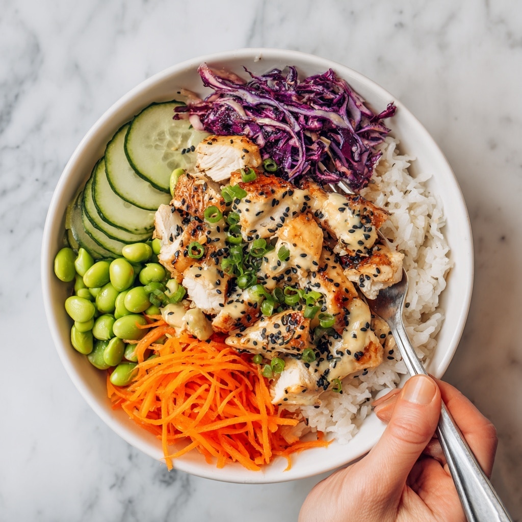 A white bowl filled with a colorful layered salad. The bottom layer consists of thinly sliced cucumber arranged in a circular pattern. On one side, there is a layer of chopped purple cabbage with a shredded texture. Next to it, thin carrot strips add a bright orange color. On the opposite side, smooth green avocado slices are neatly placed. In the center, there are chunks of cooked chicken coated with a glossy sauce and sprinkled with sesame seeds. A light dressing is drizzled over the salad, giving it a fresh look. The bowl is set on a white marbled surface with a fork to the right and a woman's hand holding a spoon above it. Nearby, small white dishes contain cucumber slices and black sesame seeds. photo taken with an iphone --ar 4:5 --v 7