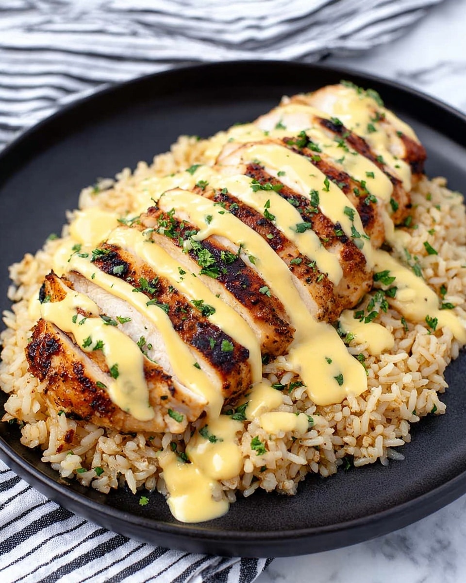 A black plate holds the dish placed on a white marbled surface with a striped cloth in the back. The bottom layer is a bed of light golden cooked rice, scattered with small green herb pieces. On top of the rice lies one large piece of grilled chicken breast, sliced into thick strips showing a juicy white inside and a dark crispy brown outside. The chicken is coated with a pale yellow creamy sauce that has a smooth texture, drizzled evenly across the strips. Small green herb bits are sprinkled over the sauce for garnish. photo taken with an iphone --ar 4:5 --v 7