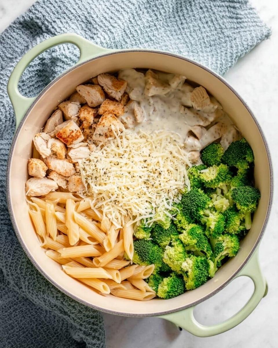 A clear glass baking dish contains a creamy pasta bake with visible layers of penne pasta, green broccoli florets, and chunks of white chicken meat all mixed in a rich white cheese sauce with browned melted cheese on top. The edges of the cheese layer are golden and slightly crispy, while the sauce looks thick and creamy. A spoon held by a woman's hand is lifting a serving, showing gooey cheese stretching from the dish. The scene is set on a white marbled surface with a soft gray cloth nearby. photo taken with an iphone --ar 4:5 --v 7