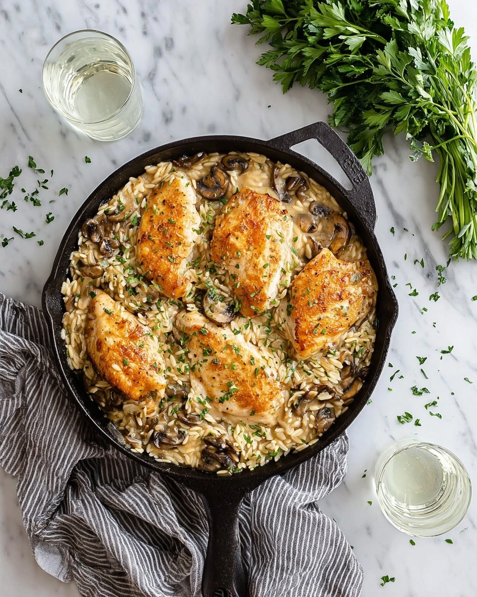 A black cast iron skillet filled with a dish showing four pieces of golden brown cooked chicken breasts placed evenly on top of a creamy mushroom and orzo rice base; the orzo is light brown with small mushroom slices mixed in, and everything is sprinkled with chopped green herbs. The skillet rests on a white marbled surface with some scattered chopped herbs around. To the left is a striped gray and white cloth. Two clear glasses of water and a bunch of green parsley are arranged near the skillet. Photo taken with an iphone --ar 4:5 --v 7