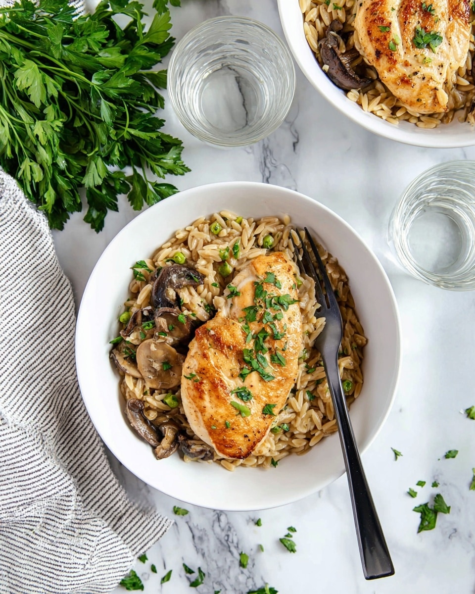 The image shows a white bowl filled with three layers: the bottom layer has light brown orzo pasta mixed with cooked mushroom slices, the middle layer features two golden-brown, pan-seared chicken breasts, and the top layer is sprinkled with finely chopped green parsley. A black and silver fork rests inside the bowl on the left side, partially touching the orzo. To the left of the bowl, there is a white cloth with gray stripes on a white marbled surface. Above the bowl, there is a bunch of fresh green parsley and two clear glasses of water. Part of a second white bowl with the same dish and a fork is visible in the top right corner. Small parsley pieces are scattered on the marbled surface. photo taken with an iphone --ar 4:5 --v 7