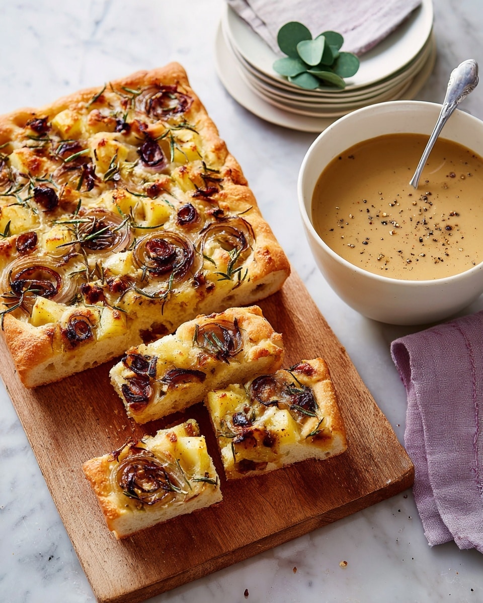 A rectangular focaccia bread cut into three pieces sits on a wooden board, showing its golden crust with a soft, slightly puffed texture. The top layer is uneven with baked rosemary sprigs, small golden potato chunks, caramelized dark brown onions, and melted cheese that has browned in spots. To the right of the board is a white bowl filled with a creamy, light brown sauce sprinkled with black pepper, with a spoon resting inside. The bowl is placed on a stack of white plates with a folded light purple cloth napkin and a small green paper decoration nearby, all set on a white marbled surface. Photo taken with an iphone --ar 4:5 --v 7