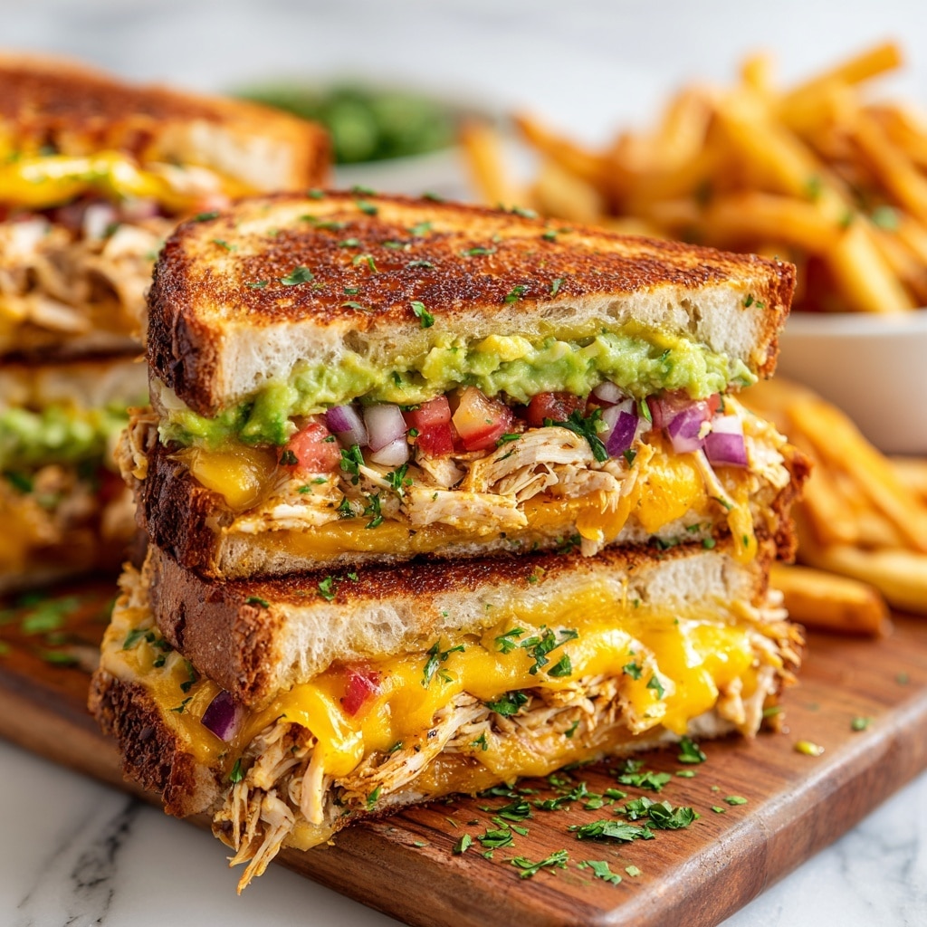 The image shows a tall sandwich cut in half and stacked, consisting of three layers of toasted golden-brown bread, each slice thick with a crispy texture. Between the bread layers, there is a thick layer of grilled white chicken breast with visible seasoning, topped with melted orange cheddar cheese oozing slightly. Above the chicken and cheese, there are layers of diced red tomatoes and finely chopped purple onions mixed with a bright green creamy guacamole spread rich in small bits of avocado and herbs. Fresh green herbs sprinkled on top and around the sandwich add color. The sandwich sits on a sheet of parchment on a wooden surface with a blurred white marbled background. photo taken with an iphone --ar 4:5 --v 7