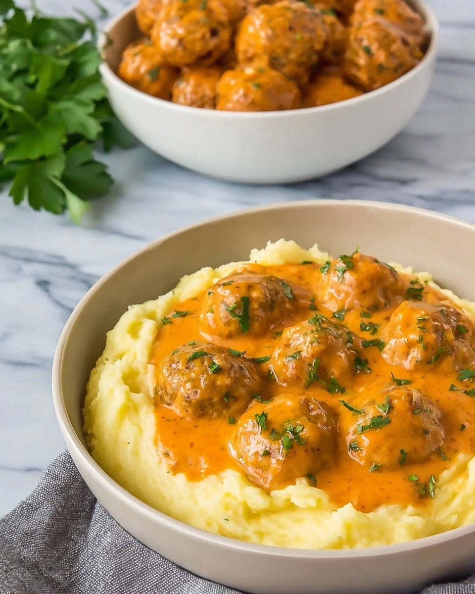 The image shows a white bowl filled with creamy mashed potatoes forming the bottom layer, pale yellow and smooth in texture. On top of the mashed potatoes, there is a layer of round meatballs covered in a thick orange sauce with visible herbs sprinkled over them, mostly green bits that add a fresh look. In the background, there is another white bowl, filled with more meatballs and sauce. The dishes are placed on a white marbled surface with some green leaves on the left side. Photo taken with an iphone --ar 4:5 --v 7