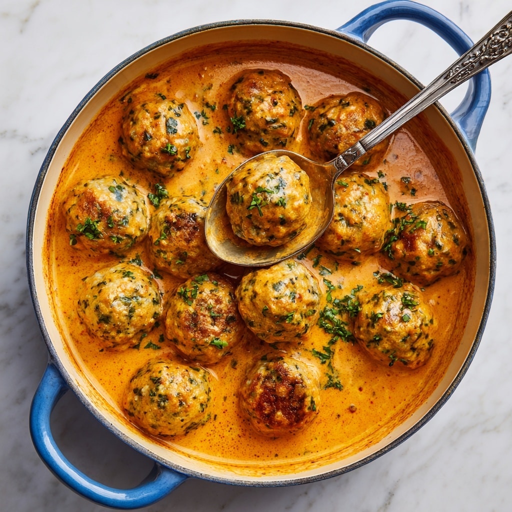 A white bowl filled with creamy tagliatelle pasta coated in a smooth, light beige sauce. On top of the pasta are five round, browned meatballs with a slightly crispy texture. Fresh, bright green parsley pieces are sprinkled all over the dish, adding color contrast and freshness. The pasta strands are thick and slightly curled, covered evenly with sauce and some sprinkled black pepper visible. The bowl sits on a white marbled surface. photo taken with an iphone --ar 4:5 --v 7