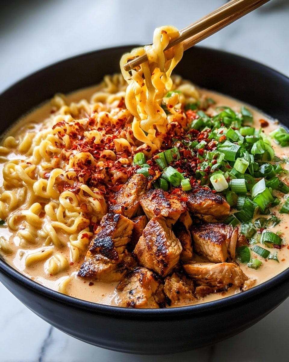 The image shows a white bowl filled with creamy ramen soup. The soup has a light beige color and a smooth texture, with some red oil drops on the surface. On one side, thick slices of grilled chicken, brown and seared, rest closely together. Next to the chicken, chopped green onions add a fresh green color. A pair of black chopsticks held by a woman's hand lifts a portion of wavy ramen noodles out of the soup, showing their yellowish color and soft texture. The background is a white marbled surface. Photo taken with an iphone --ar 4:5 --v 7