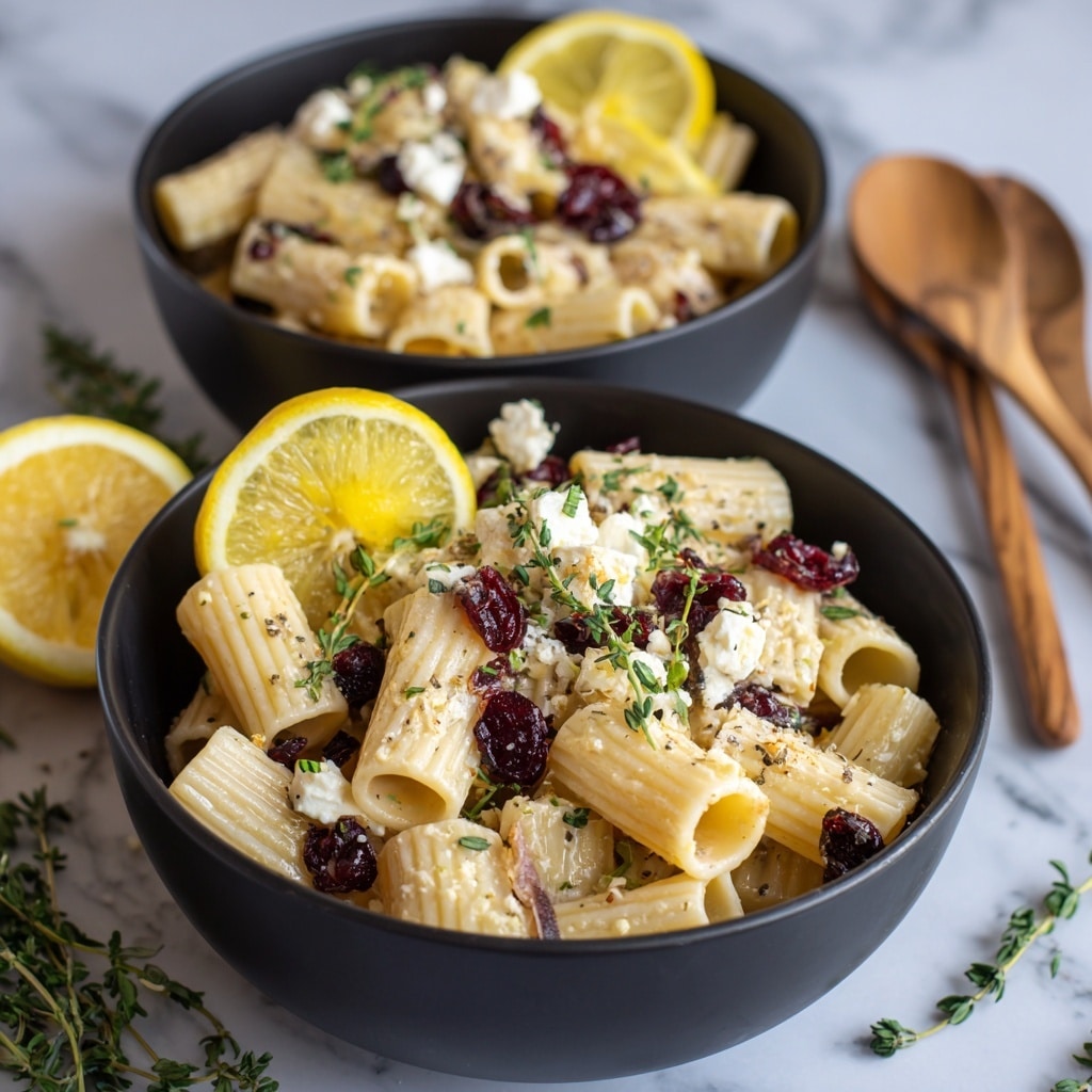 The dish shows a black bowl filled with rigatoni pasta that looks pale yellow and smooth. Mixed throughout the pasta are small, white cubes of soft cheese, and green leafy pieces of lettuce adding freshness. There are also dark red dried cranberries scattered on top, adding contrast. The entire dish is sprinkled with coarse black pepper, giving texture and seasoning. The bowl sits on a white marbled surface. photo taken with an iphone --ar 4:5 --v 7