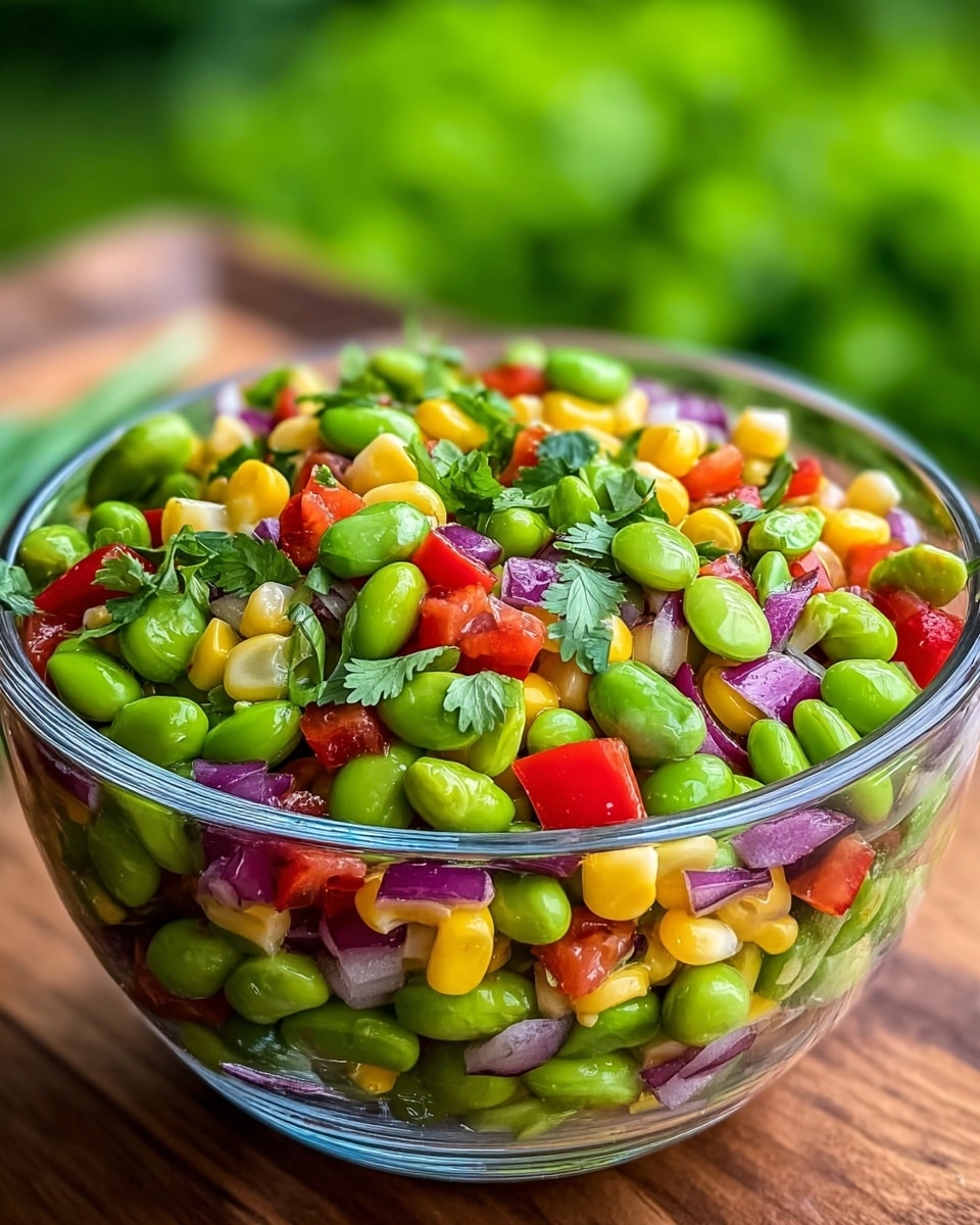 A wooden bowl with black handles contains a colorful salad made of small cut pieces. The mixture has bright green chunks of cucumber and edamame beans, red and yellow tomato halves, small red bell pepper squares, finely chopped pieces of red onion, and fresh green herbs scattered throughout. The textures range from smooth cucumber and tomatoes to slightly rough chopped onions and firm beans. The bowl sits on a white marbled surface. photo taken with an iphone --ar 4:5 --v 7