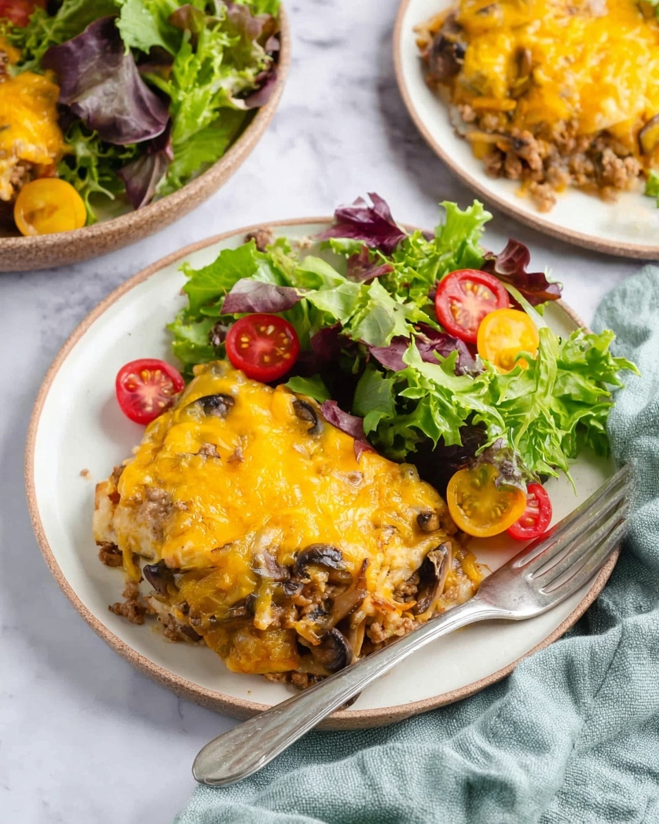 The image shows a baked casserole in a white ceramic baking dish with a wooden spoon resting inside. The casserole has a golden-yellow melted cheese layer on top, mixed with pieces of cooked ground meat, diced tomatoes, onions, and mushrooms, giving a mix of brown, red, white, and dark colors in the cheesy surface. The casserole looks creamy and textured with the ingredients spread evenly across three to four layers. In the background, there is a white bowl filled with shredded yellow cheese, and the whole setup is placed on a white marbled surface. photo taken with an iphone --ar 4:5 --v 7